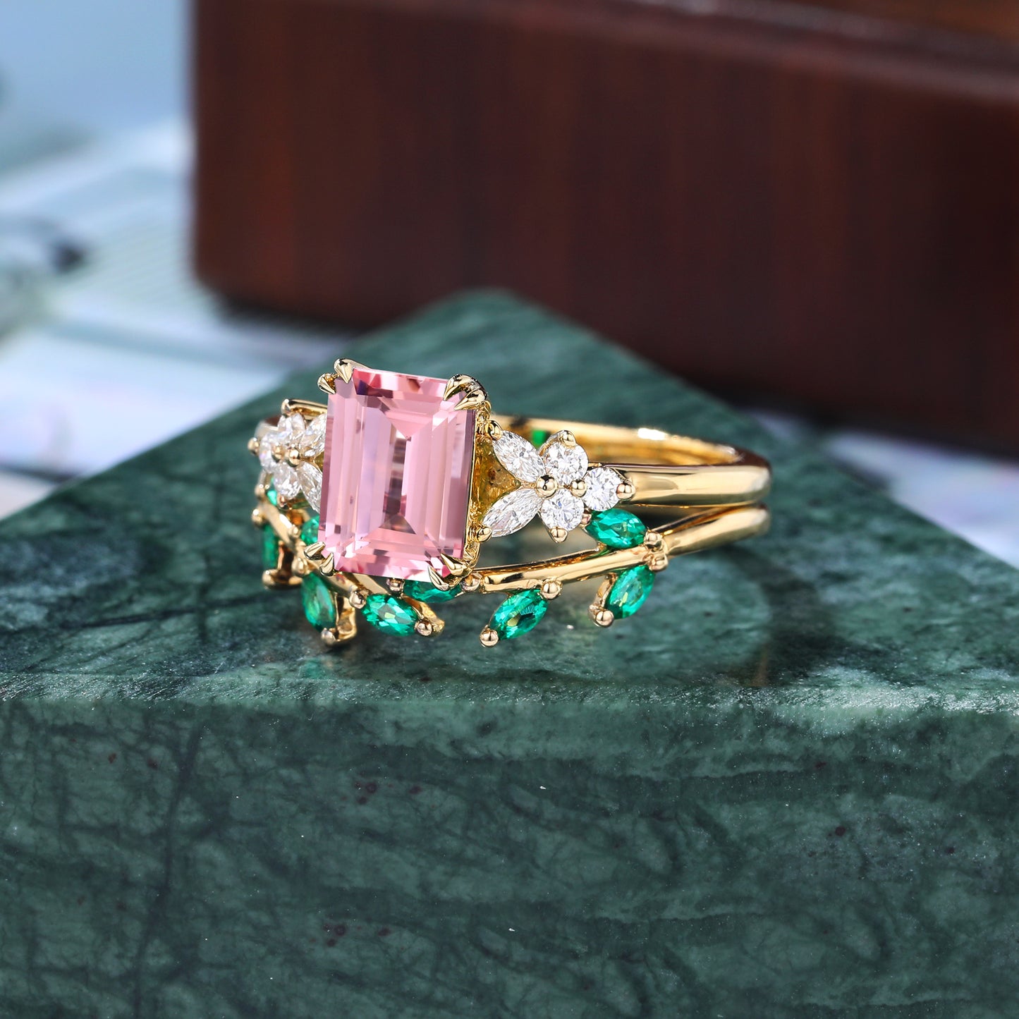 Emerald cut Lab Pink Sapphire yellow gold wedding ring set. rose /white/yellow gold wedding bridal ring set S925/10k/14k/18k