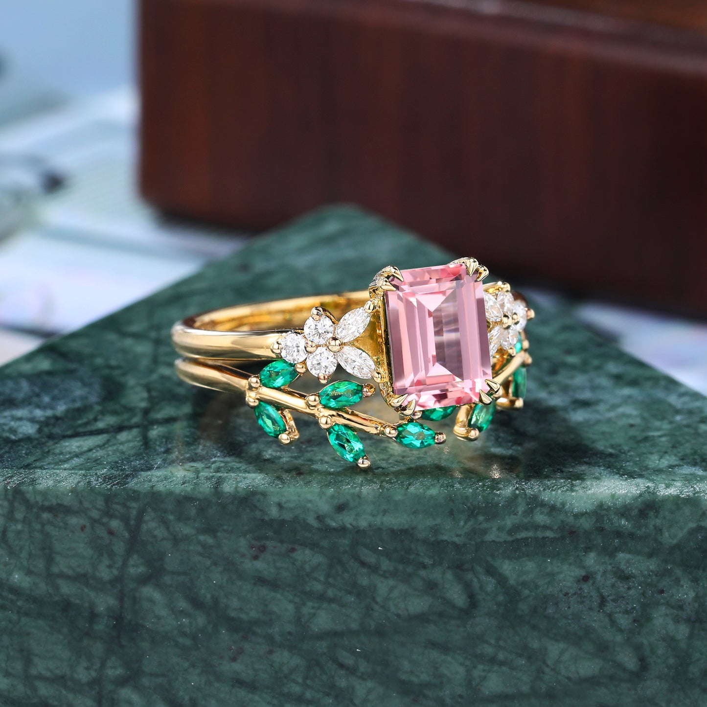 Emerald cut Lab Pink Sapphire yellow gold wedding ring set. rose /white/yellow gold wedding bridal ring set S925/10k/14k/18k