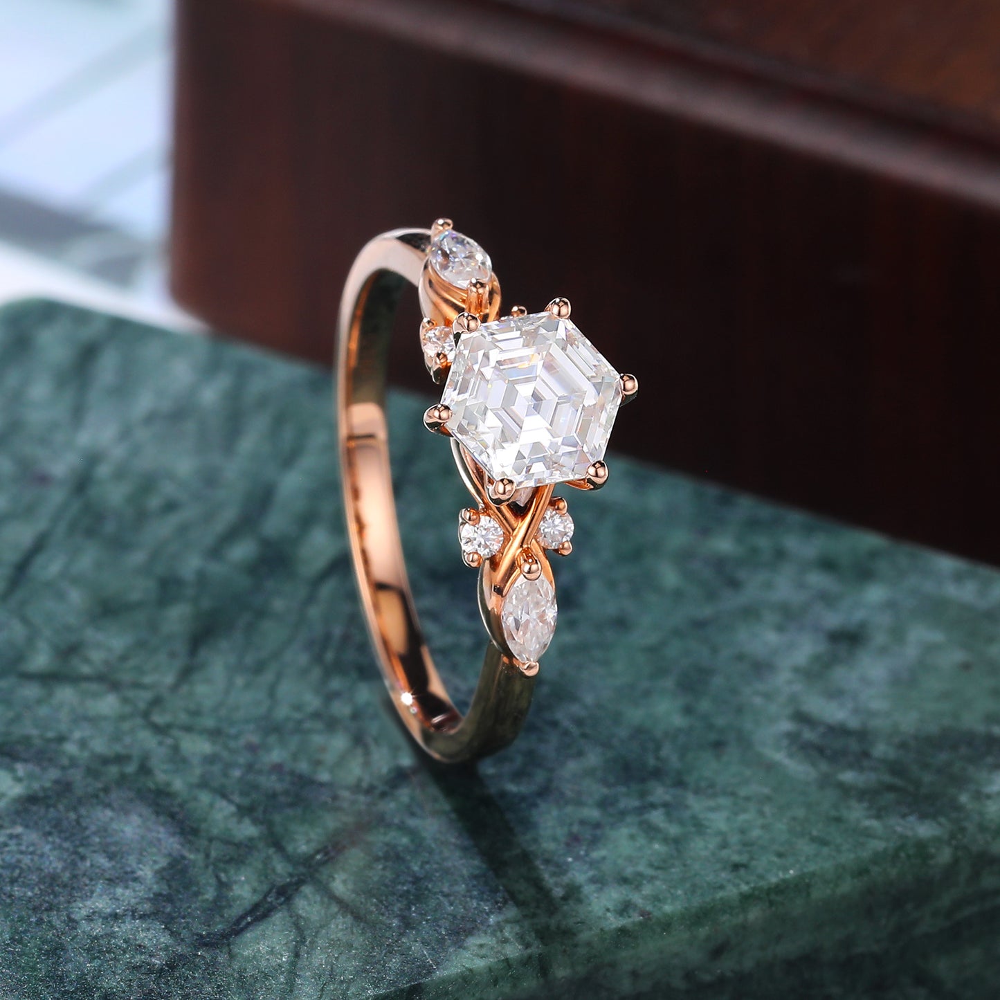 1.0ct Hexagon moissanite engagement ring, Cluster rose gold ring, anniversary gift S925/10k/14/18k gold