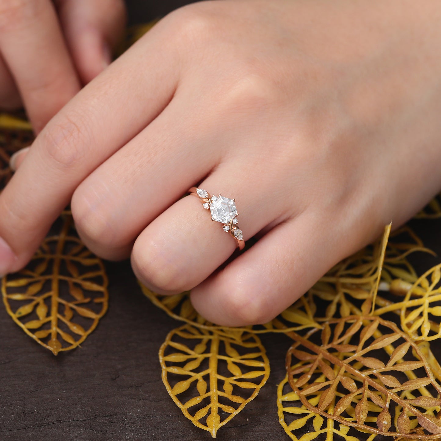 1.0ct Hexagon moissanite engagement ring, Cluster rose gold ring, anniversary gift S925/10k/14/18k gold