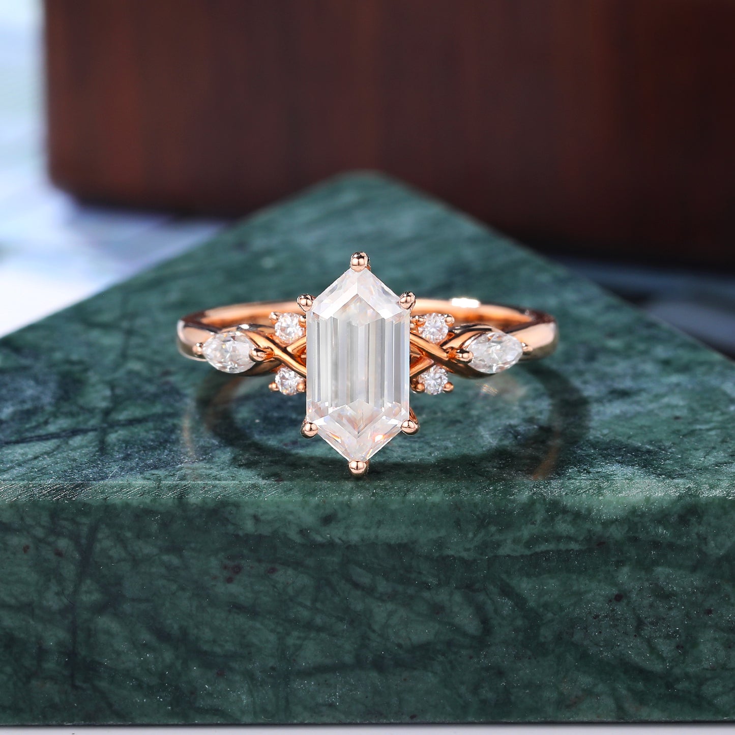 1.4ct Long Hexagon Lab-grown Diamond engagement ring, Cluster rose/white/yellow gold ring, anniversary gift S925/10K/14K/18k