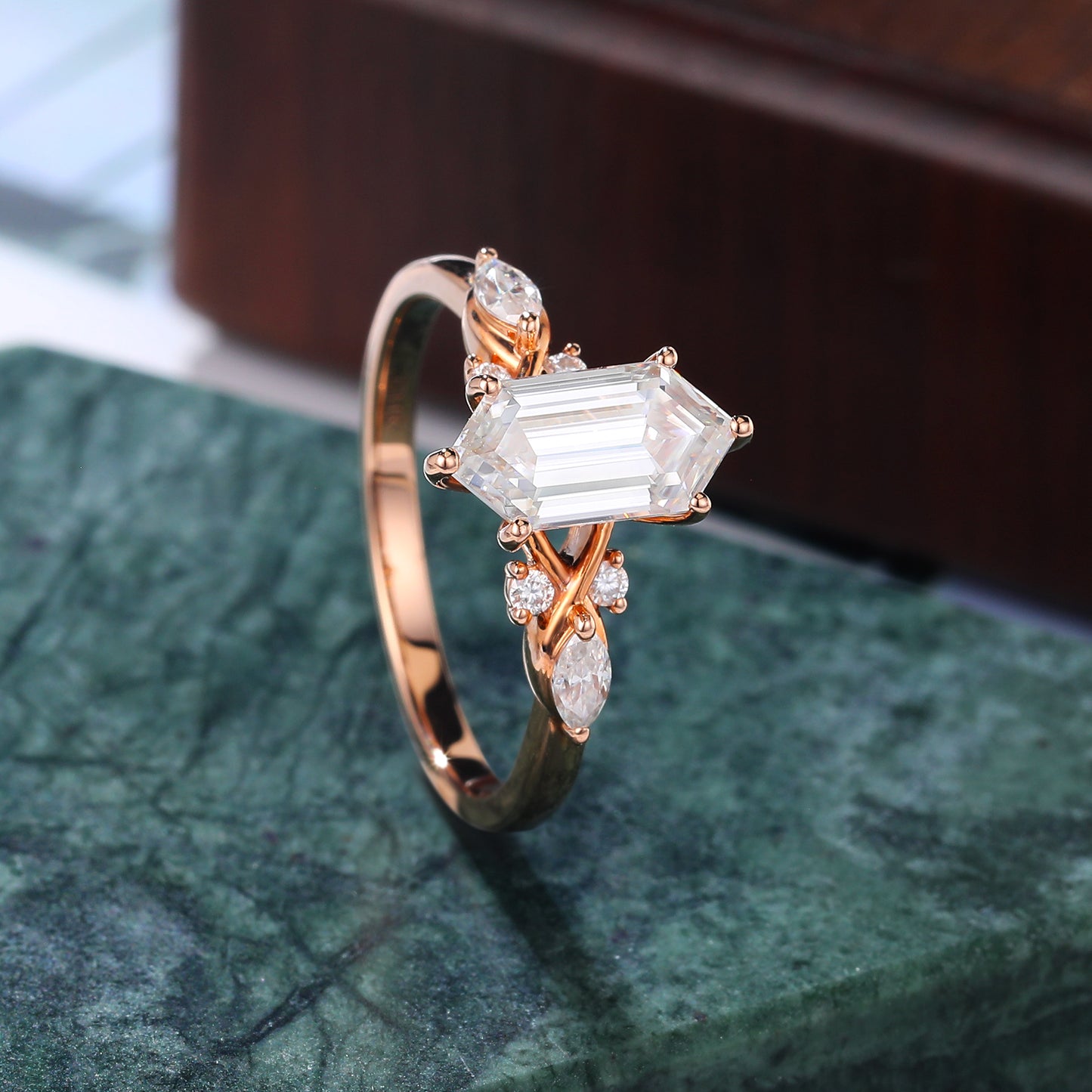 1.4ct Long Hexagon Lab-grown Diamond engagement ring, Cluster rose/white/yellow gold ring, anniversary gift S925/10K/14K/18k