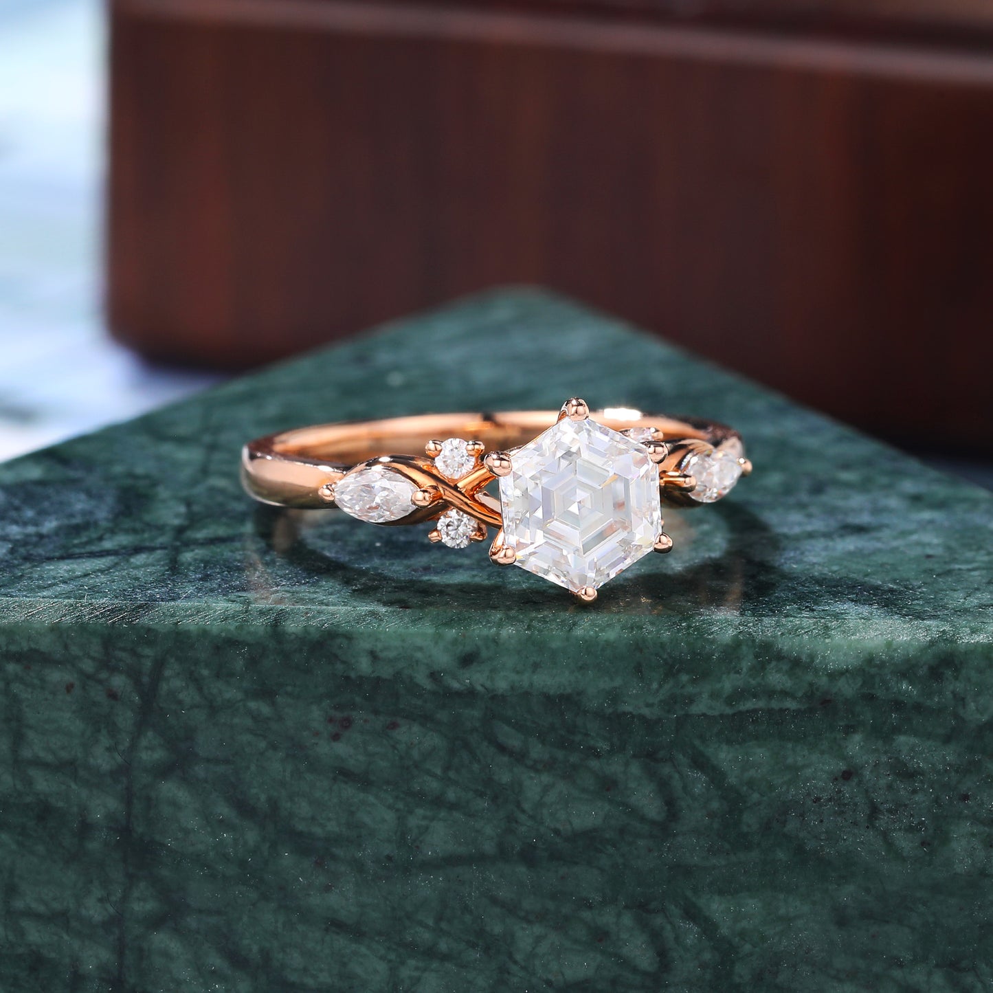 1.0ct Hexagon moissanite engagement ring, Cluster rose gold ring, anniversary gift S925/10k/14/18k gold
