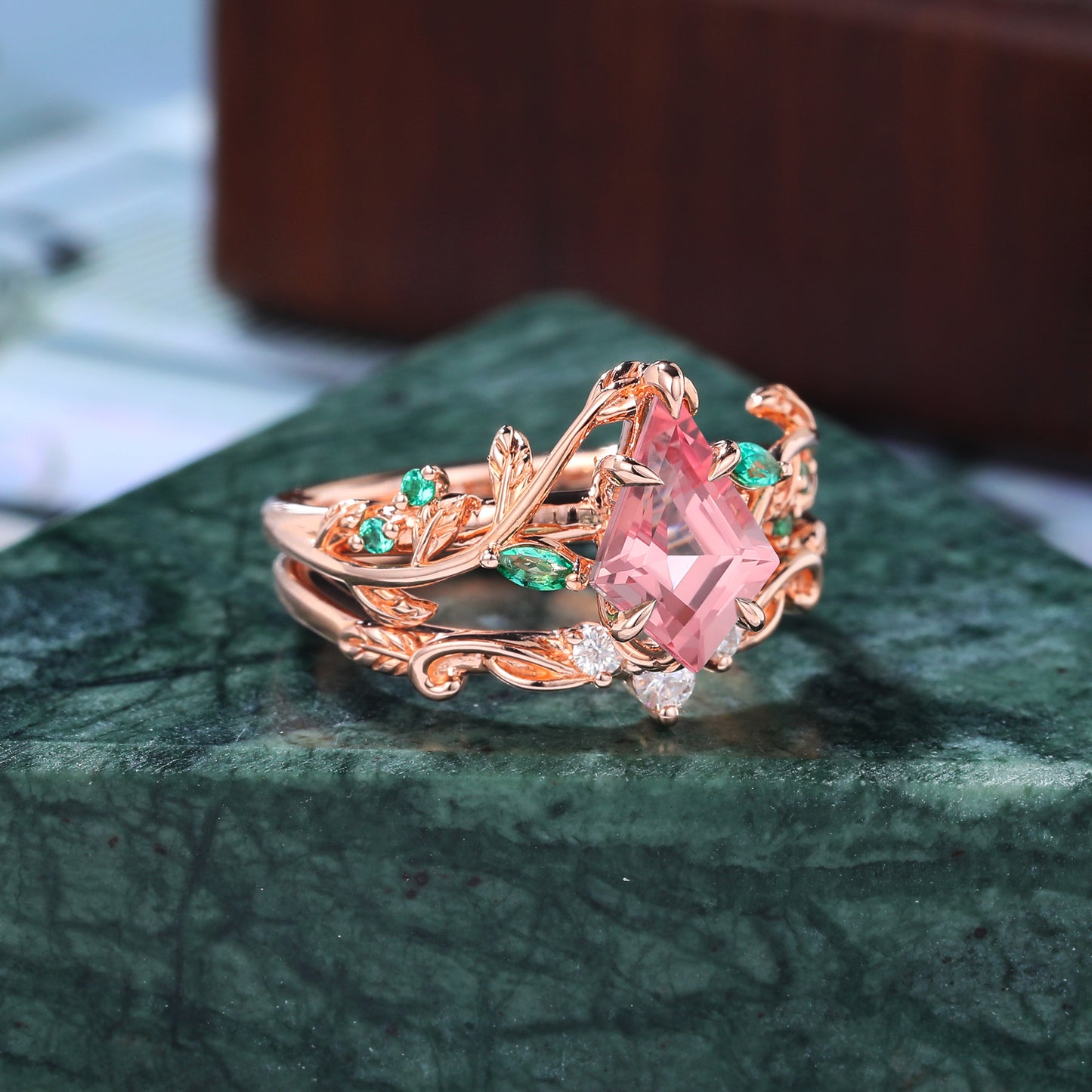 Vintage kite cut Lab Pink Sapphire Engagement Ring Set, Rose/white/yellow gold Bridal Wedding band S925/10k/14K/18k gold