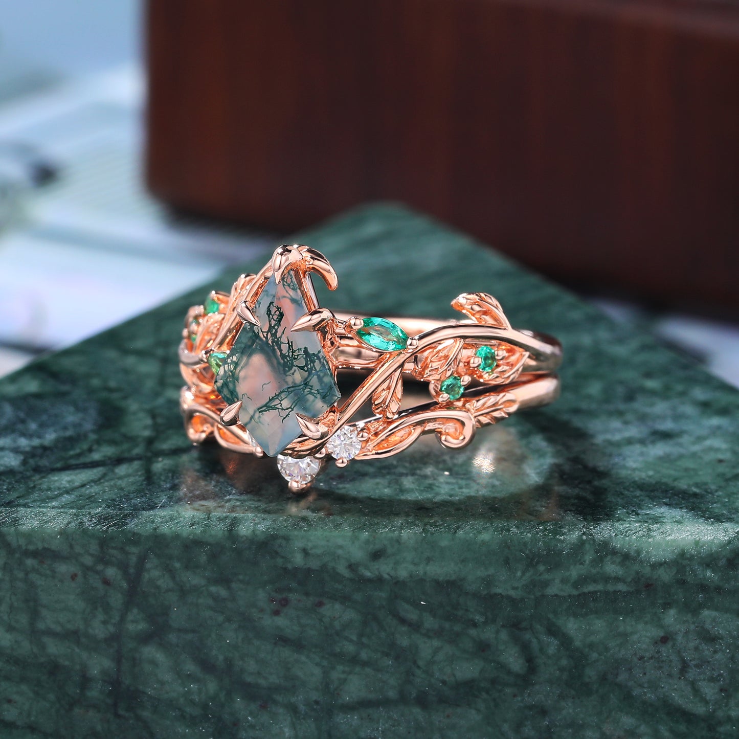 Unique kite cut Moss Agate Engagement ring set unique rose/yellow/white gold wedding band promise ring set bridal ring S925/10K/14K/18K