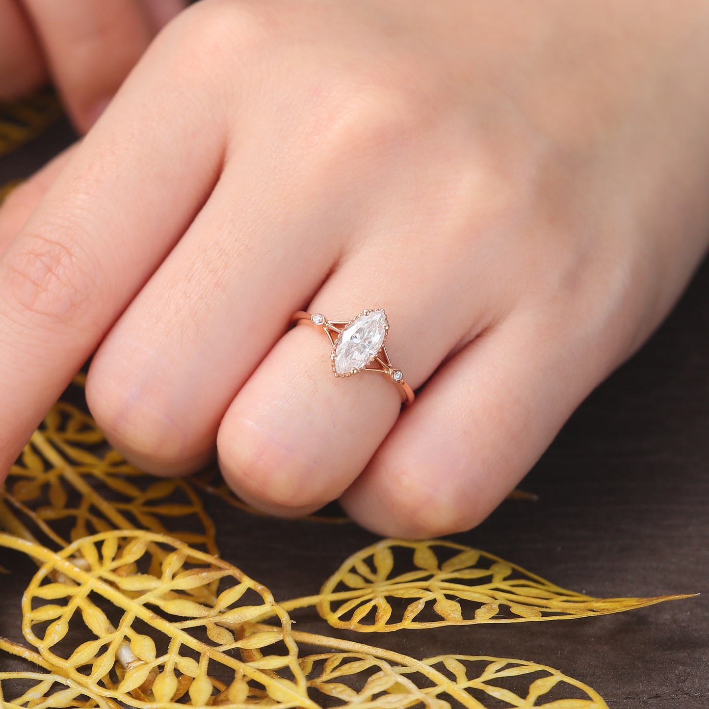 1.0CT Marquise cut moissanite rose gold engagement Ring.