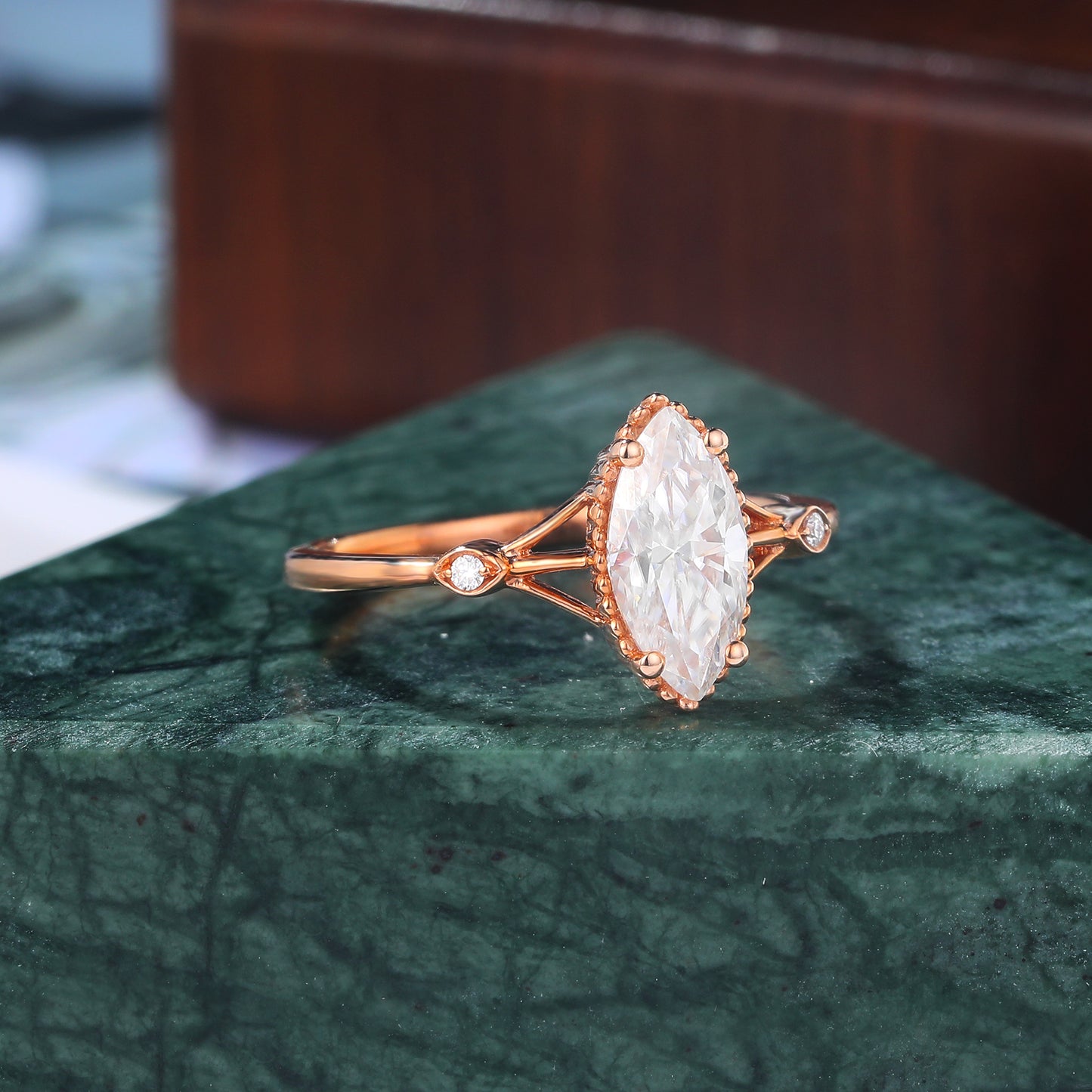 1.0CT Marquise cut moissanite rose gold engagement Ring.