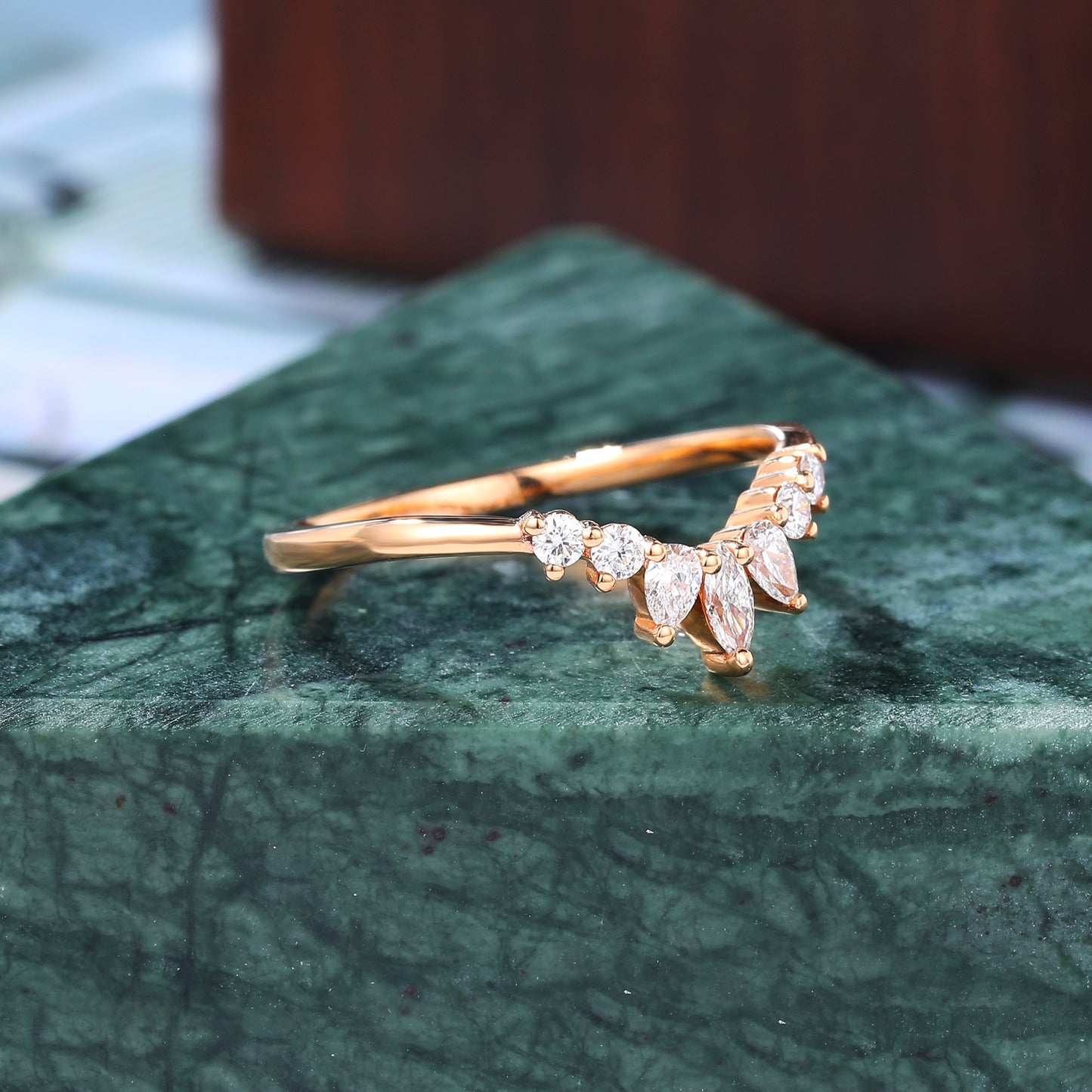 Curved Diamond wedding band women vintage rose gold ring unique Marquise S925/10K/14K/18K gold