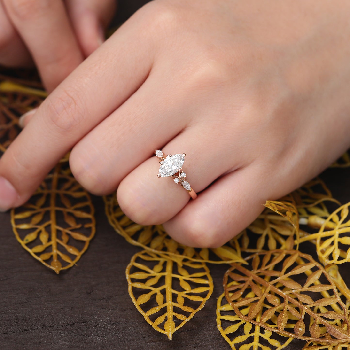 Unique Marquise cut moissanite engagement ring .rose /yellow/white gold