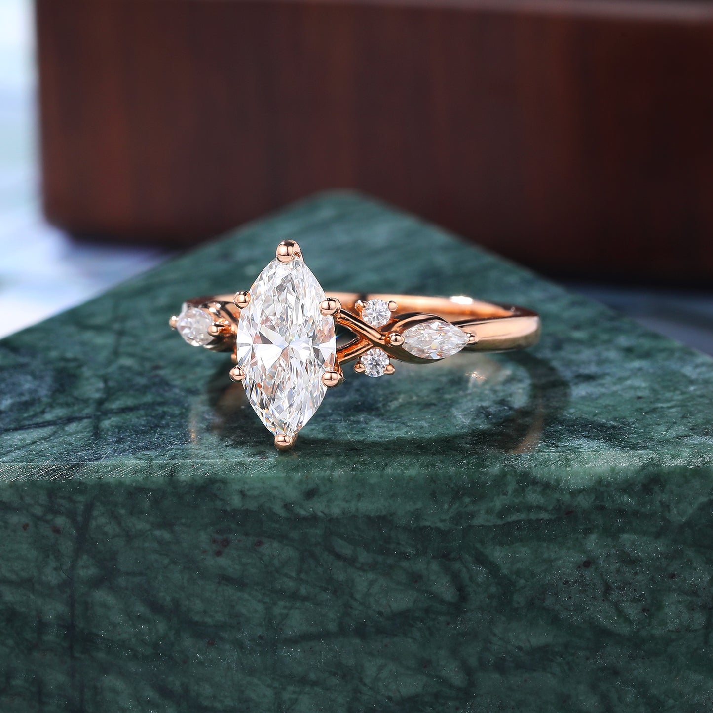 Unique Marquise cut moissanite engagement ring .rose /yellow/white gold