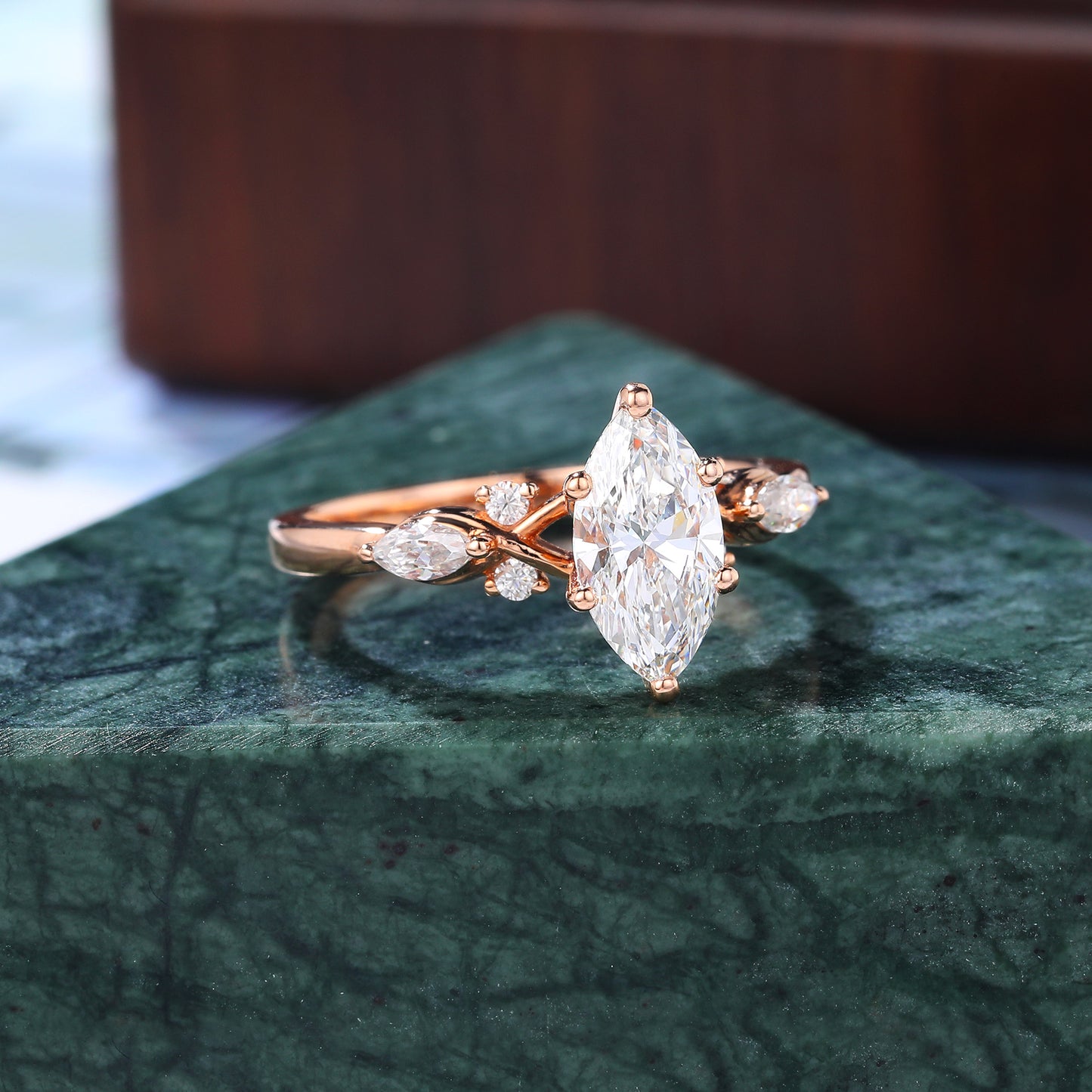 Unique Marquise cut moissanite engagement ring .rose /yellow/white gold