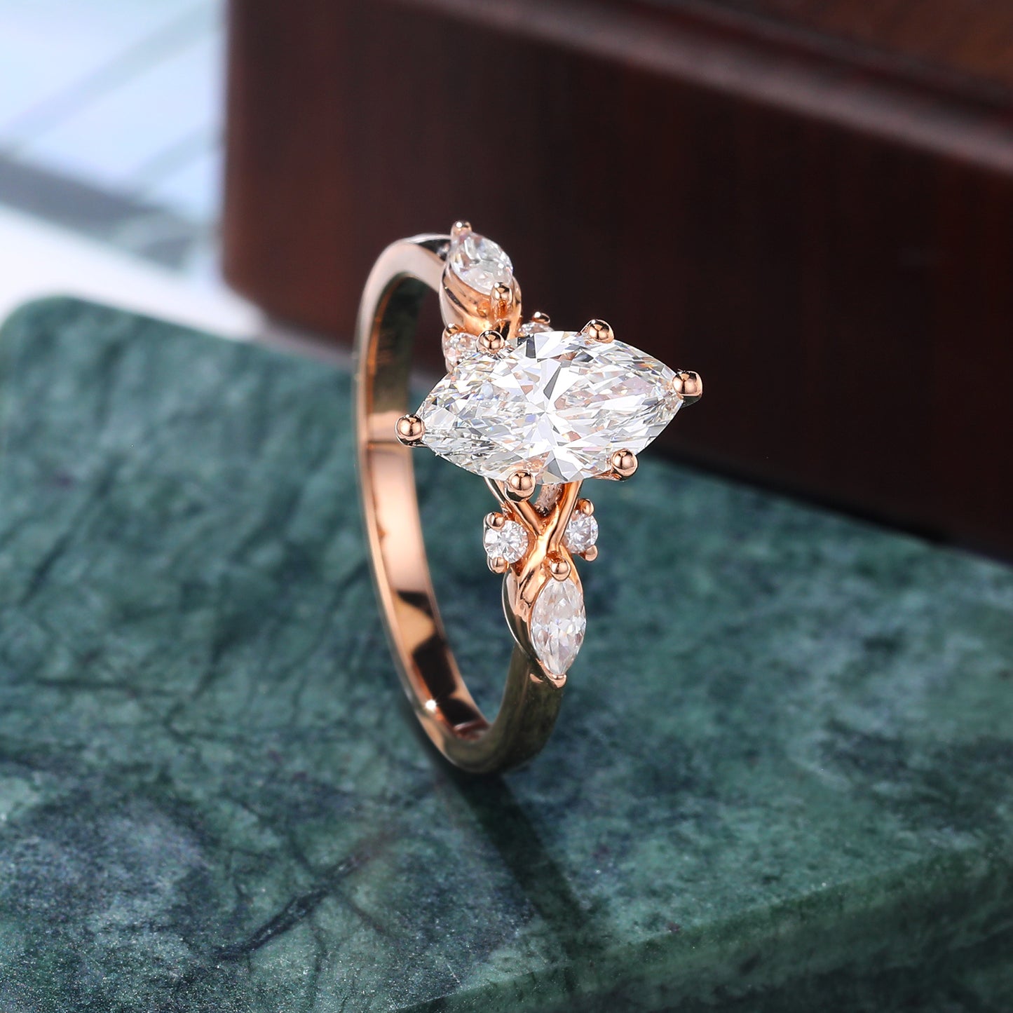Unique Marquise cut moissanite engagement ring .rose /yellow/white gold
