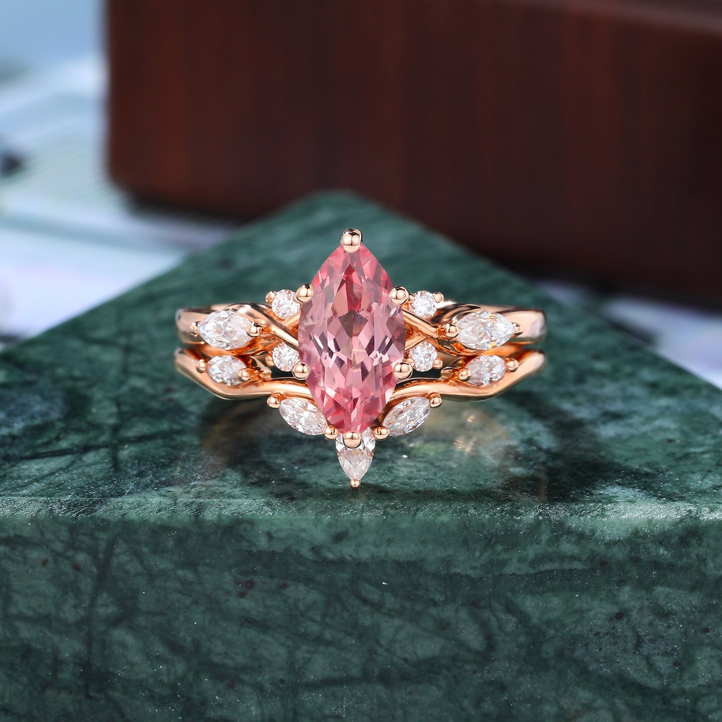 Vintage Marquise Lab Pink Sapphire rose gold Engagement Ring Set, yellow/white Gold S925/10k/14k/18k
