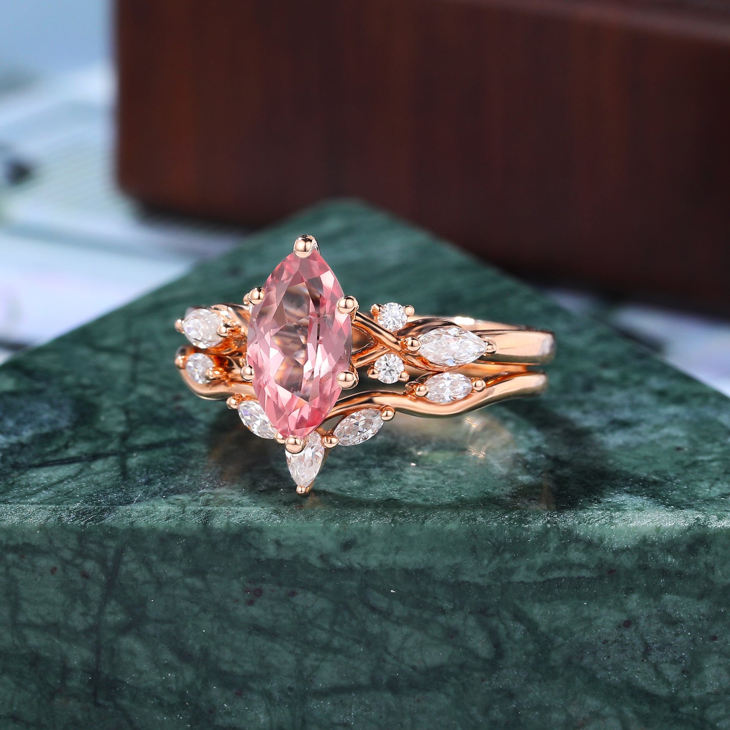 Vintage Marquise Lab Pink Sapphire rose gold Engagement Ring Set, yellow/white Gold S925/10k/14k/18k