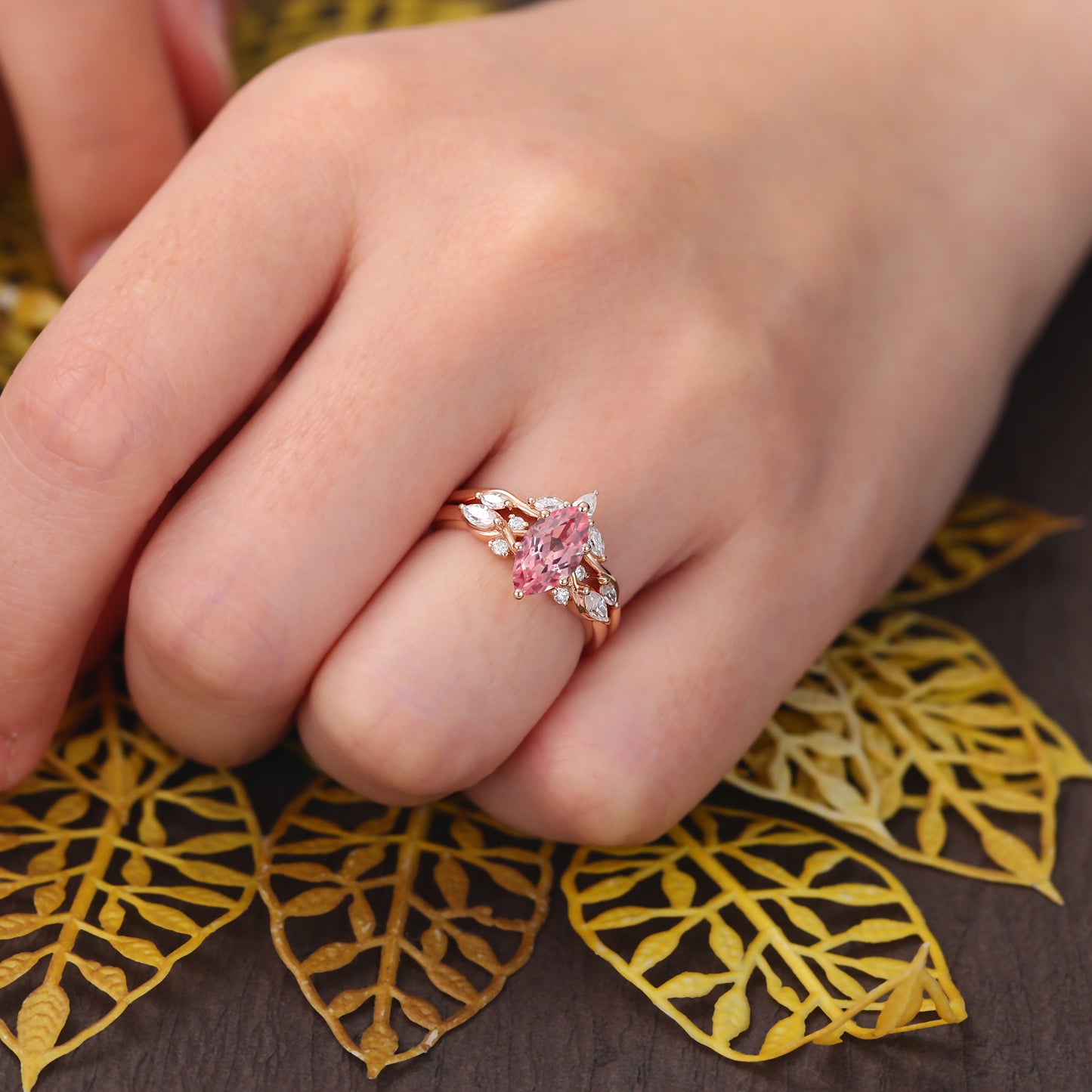 Vintage Marquise Lab Pink Sapphire rose gold Engagement Ring Set, yellow/white Gold S925/10k/14k/18k