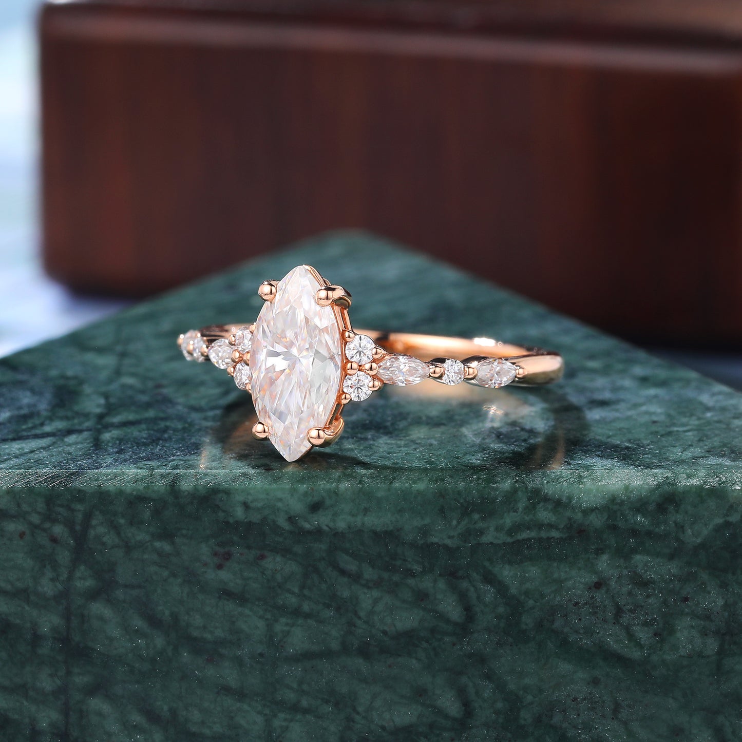 1.0ct Marquise cut moissanite engagement ring vintage rose gold ring unique moissanite ring prong set anniversary promise bridal ring .