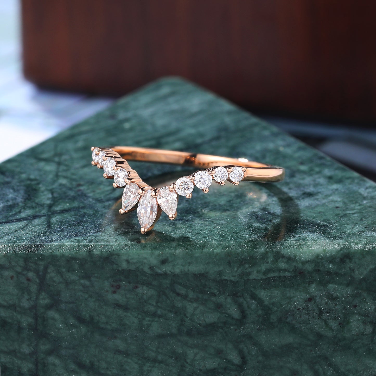 Art deco moissanite engagement ring vintage rose gold ring unique prong set anniversary promise bridal ring