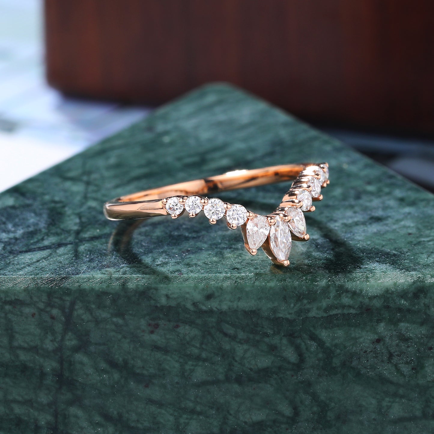 Art deco moissanite engagement ring vintage rose gold ring unique prong set anniversary promise bridal ring