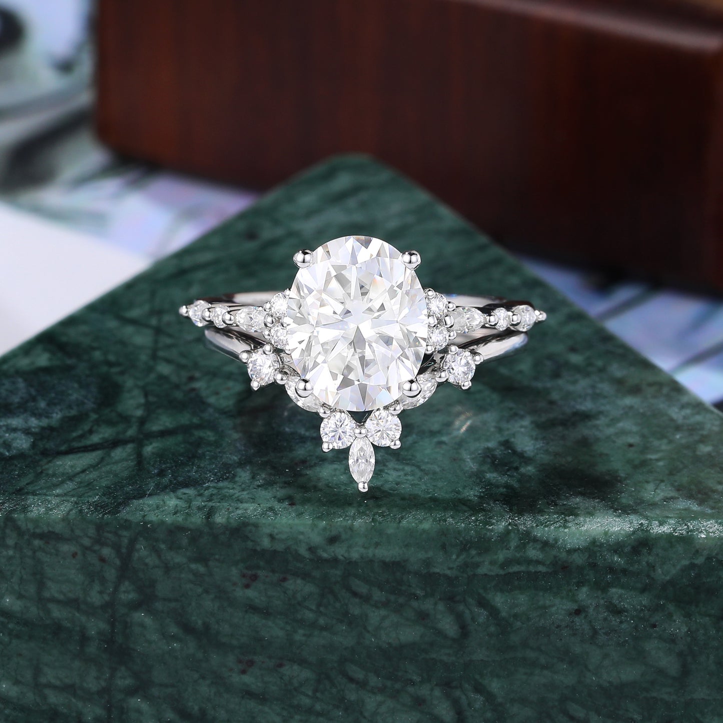 2.5ct Oval cut Lab grown Diamond white gold Engagement Ring Set, Cluster Rose/white/yellow Gold Bridal Wedding band Unique ring 10k/14k/18k