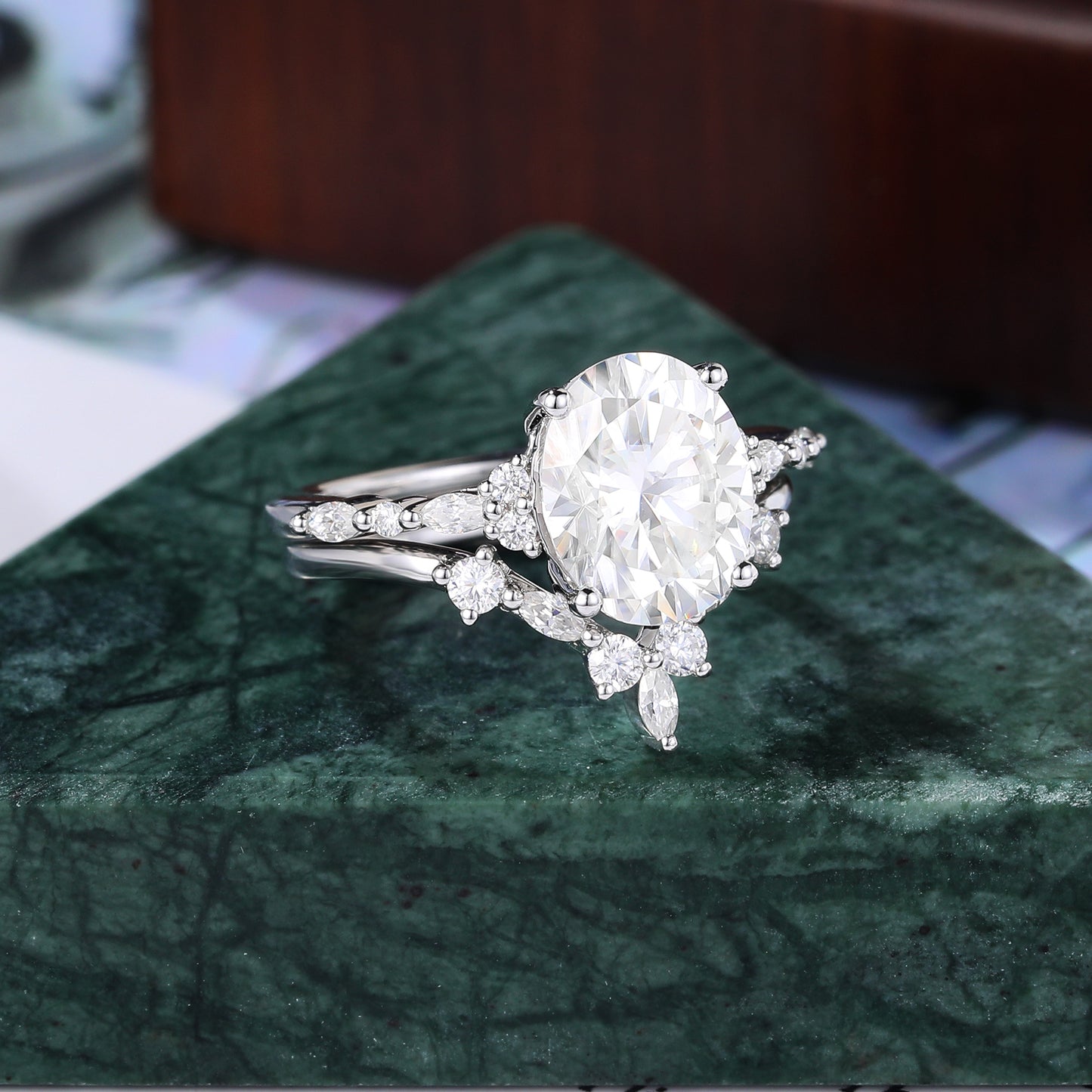 2.5ct Oval cut Lab grown Diamond white gold Engagement Ring Set, Cluster Rose/white/yellow Gold Bridal Wedding band Unique ring 10k/14k/18k