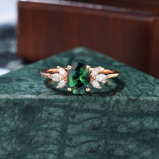 1.0CT Oval cut Green Blue Sapphire rose gold engagement Ring.