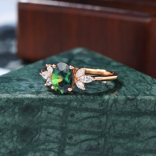 1.0CT Oval cut Green Blue Sapphire rose gold engagement Ring.