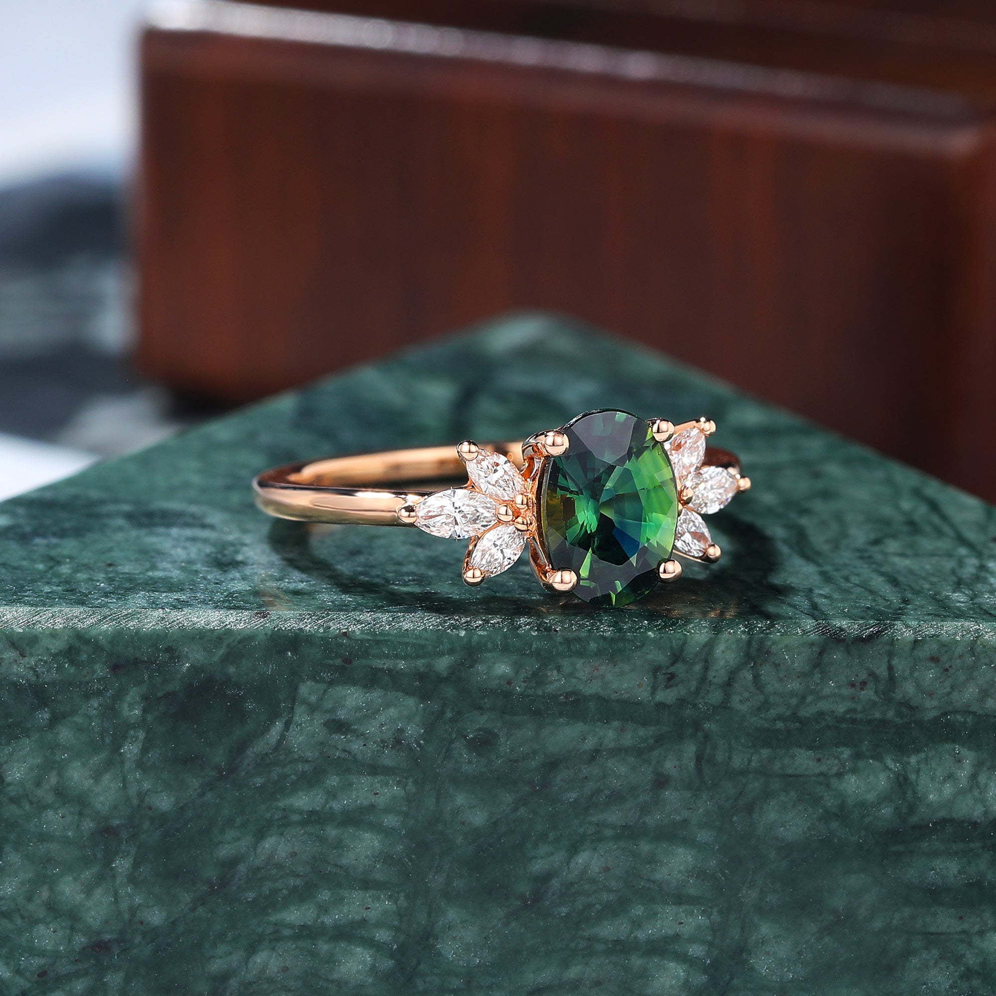 1.0CT Oval cut Green Blue Sapphire rose gold engagement Ring.
