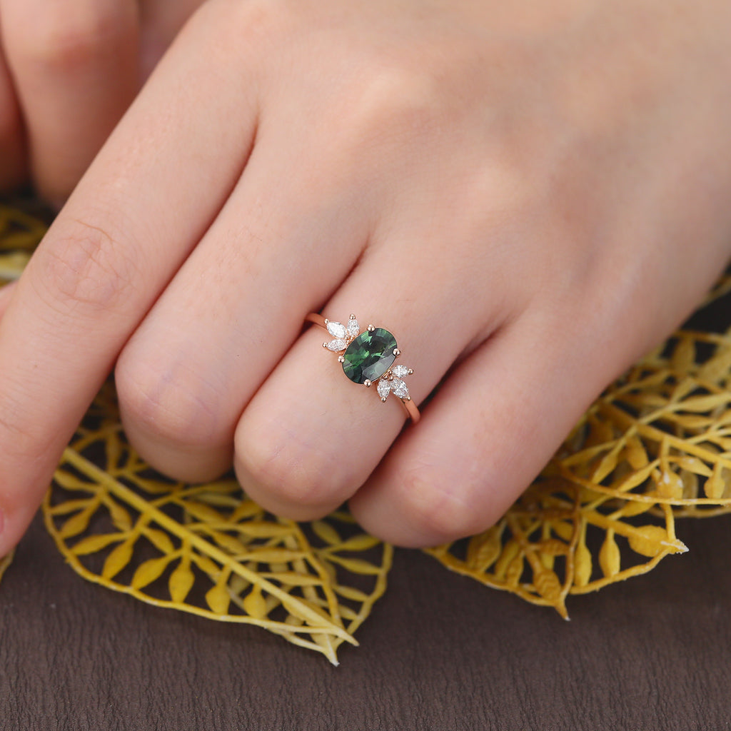1.0CT Oval cut Green Blue Sapphire rose gold engagement Ring.