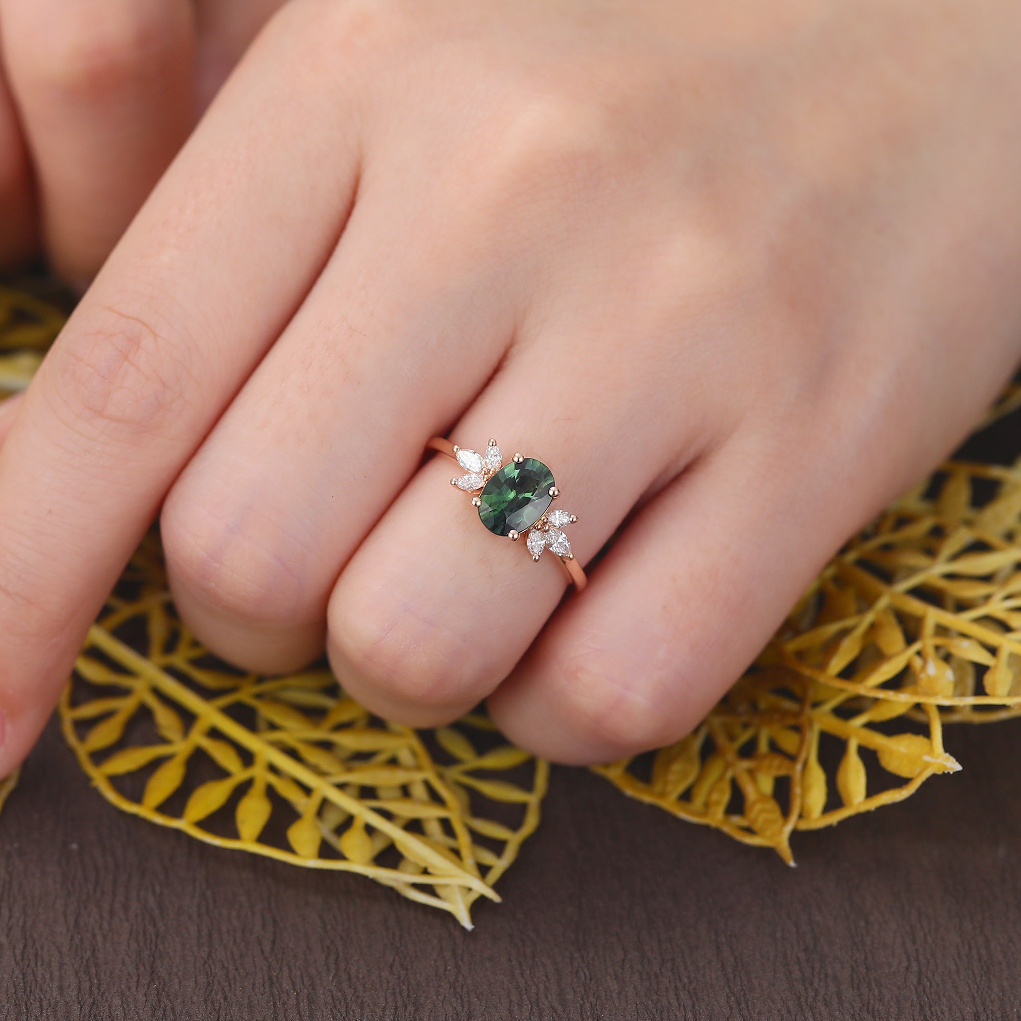 1.0CT Oval cut Green Blue Sapphire rose gold engagement Ring.