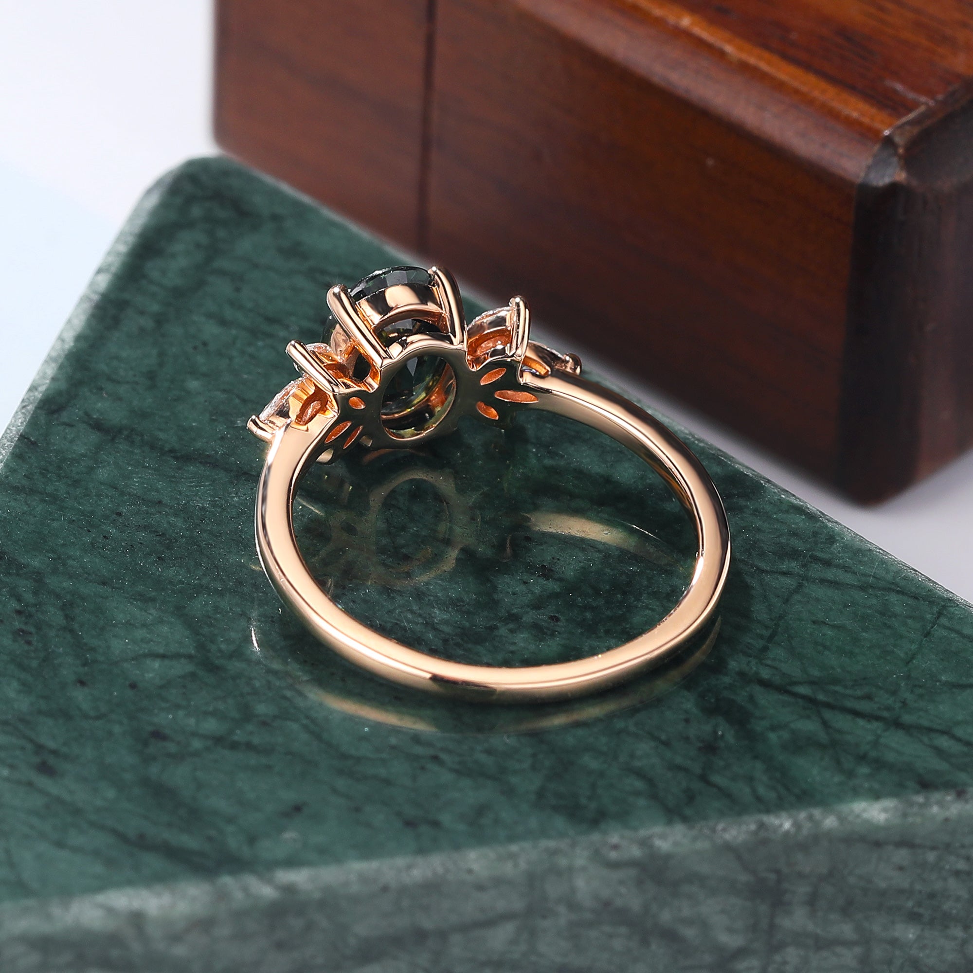 1.0CT Oval cut Green Blue Sapphire rose gold engagement Ring.