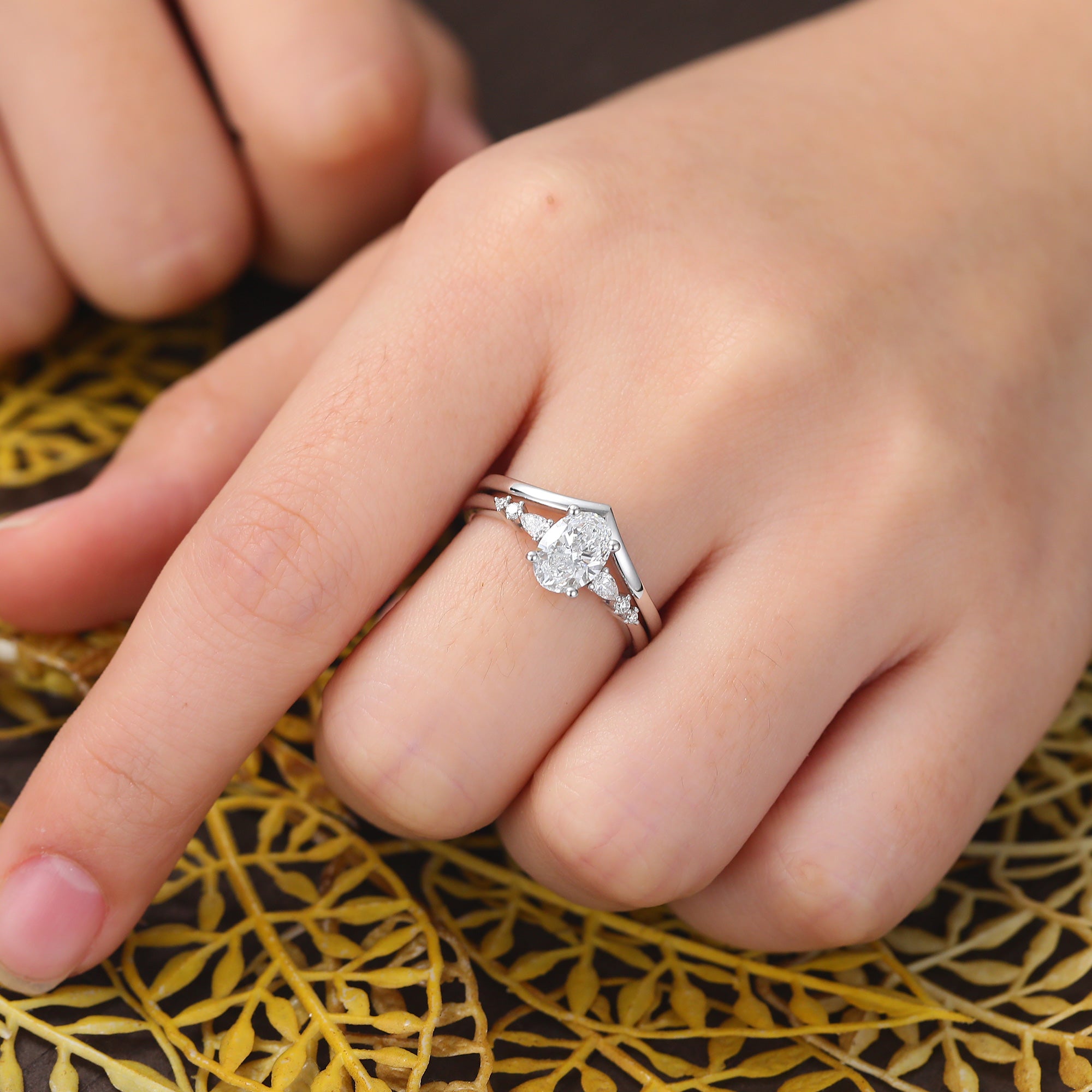 1.1ct Oval cut Lab grown Diamond white gold Engagement Ring Set .