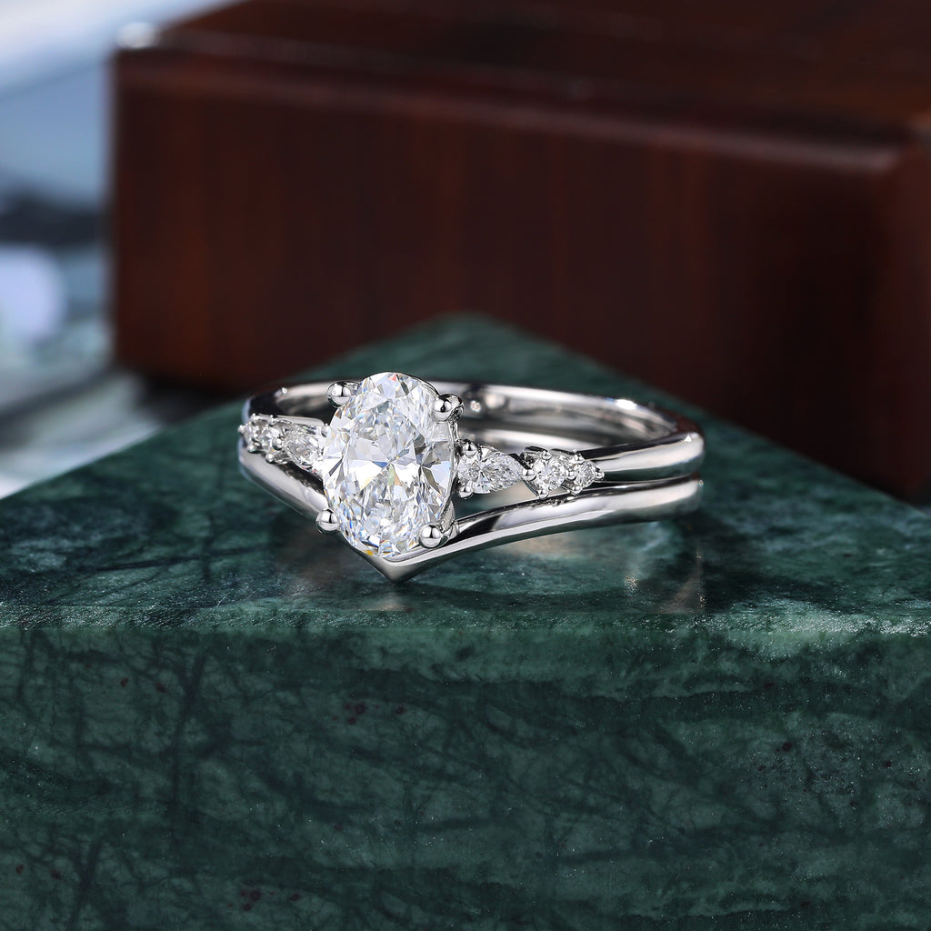 1.1ct Oval cut Lab grown Diamond white gold Engagement Ring Set .
