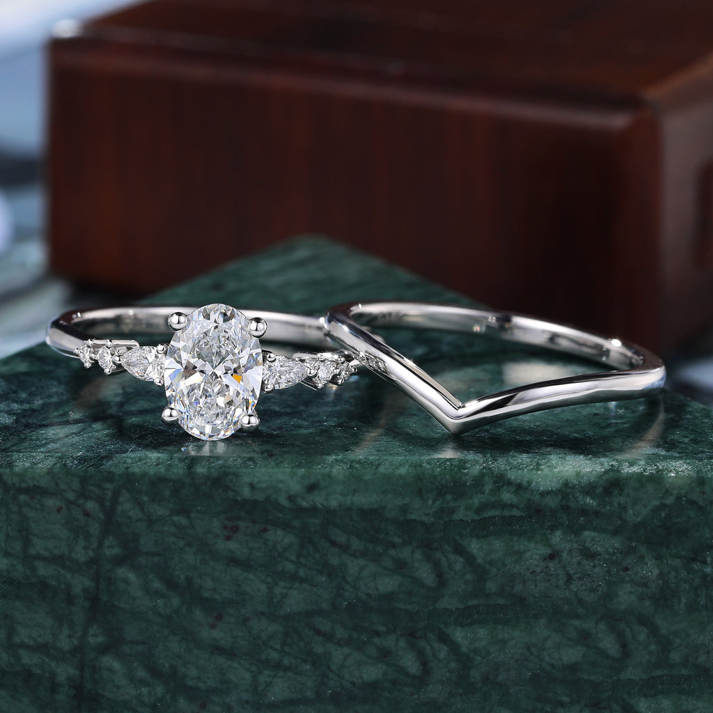 1.1ct Oval cut Lab grown Diamond white gold Engagement Ring Set .