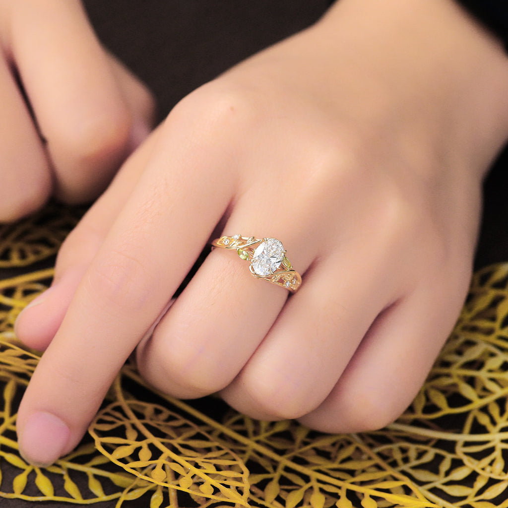 1.1ct Oval cut Lab grown diamond yellow gold engagement Ring.Unique Olivine bridal ring