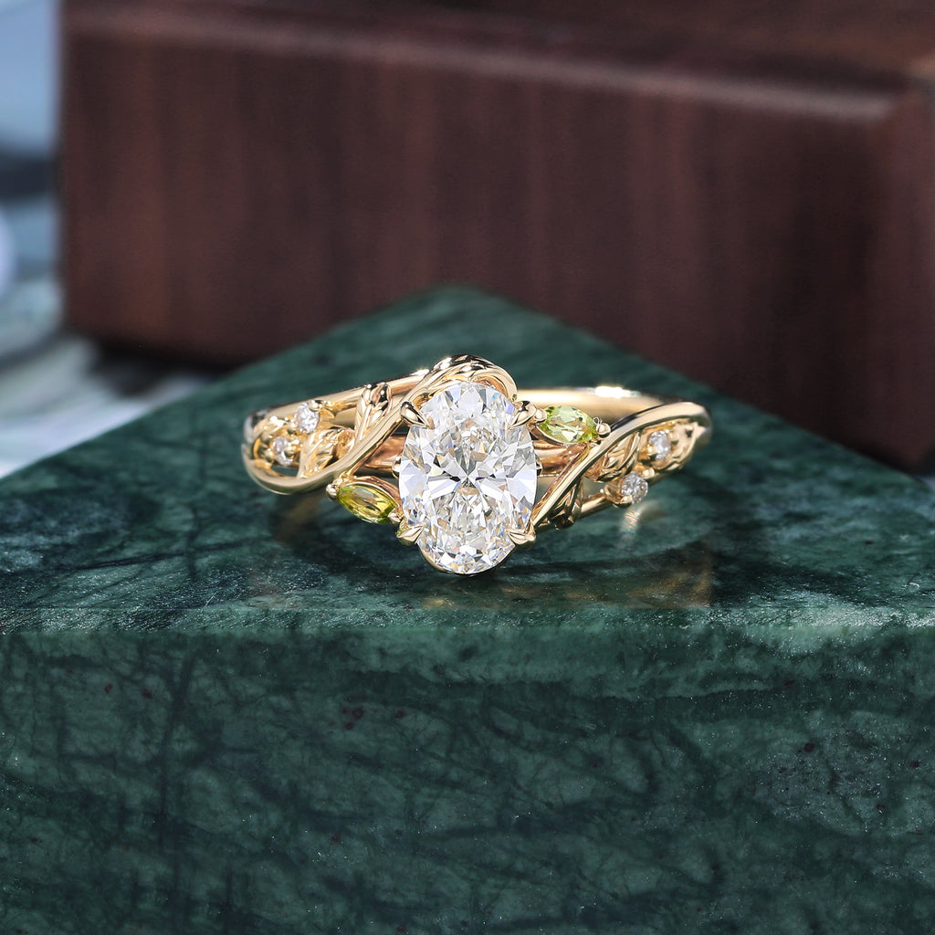 1.1ct Oval cut Lab grown diamond yellow gold engagement Ring.Unique Olivine bridal ring