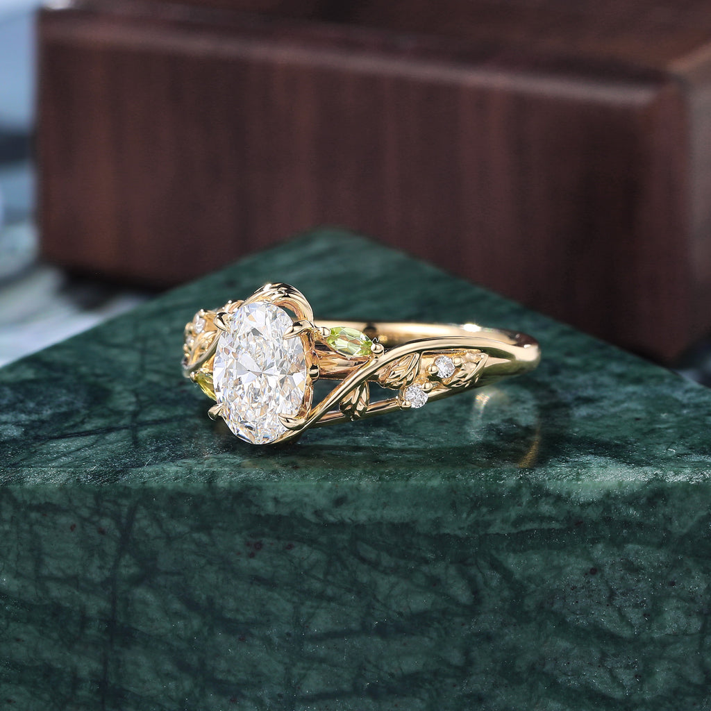 1.1ct Oval cut Lab grown diamond yellow gold engagement Ring.Unique Olivine bridal ring