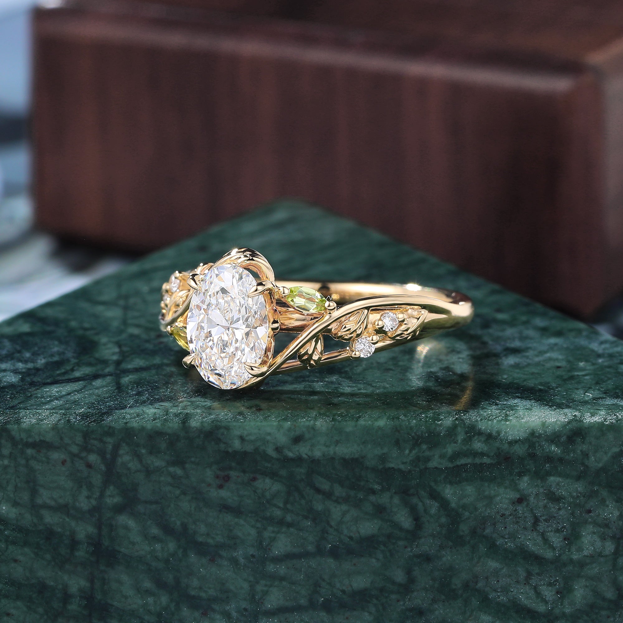 1.1ct Oval cut Lab grown diamond yellow gold engagement Ring.Unique Olivine bridal ring