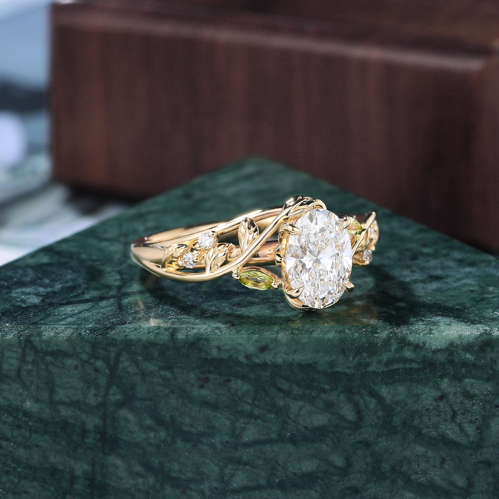 1.1ct Oval cut Lab grown diamond yellow gold engagement Ring.Unique Olivine bridal ring