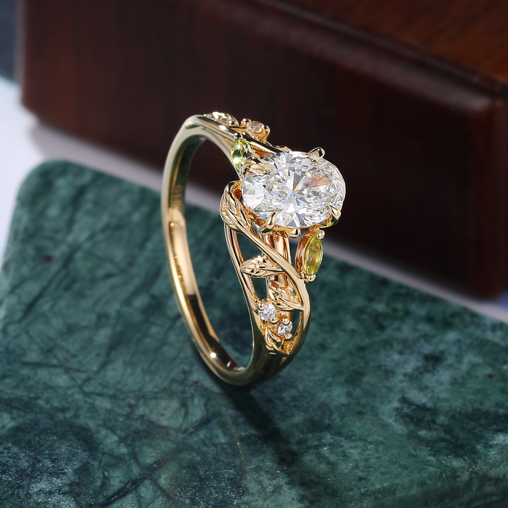 1.1ct Oval cut Lab grown diamond yellow gold engagement Ring.Unique Olivine bridal ring