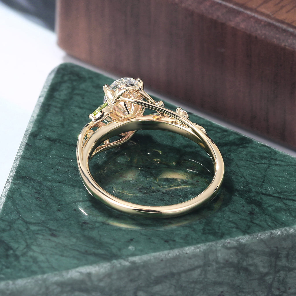 1.1ct Oval cut Lab grown diamond yellow gold engagement Ring.Unique Olivine bridal ring