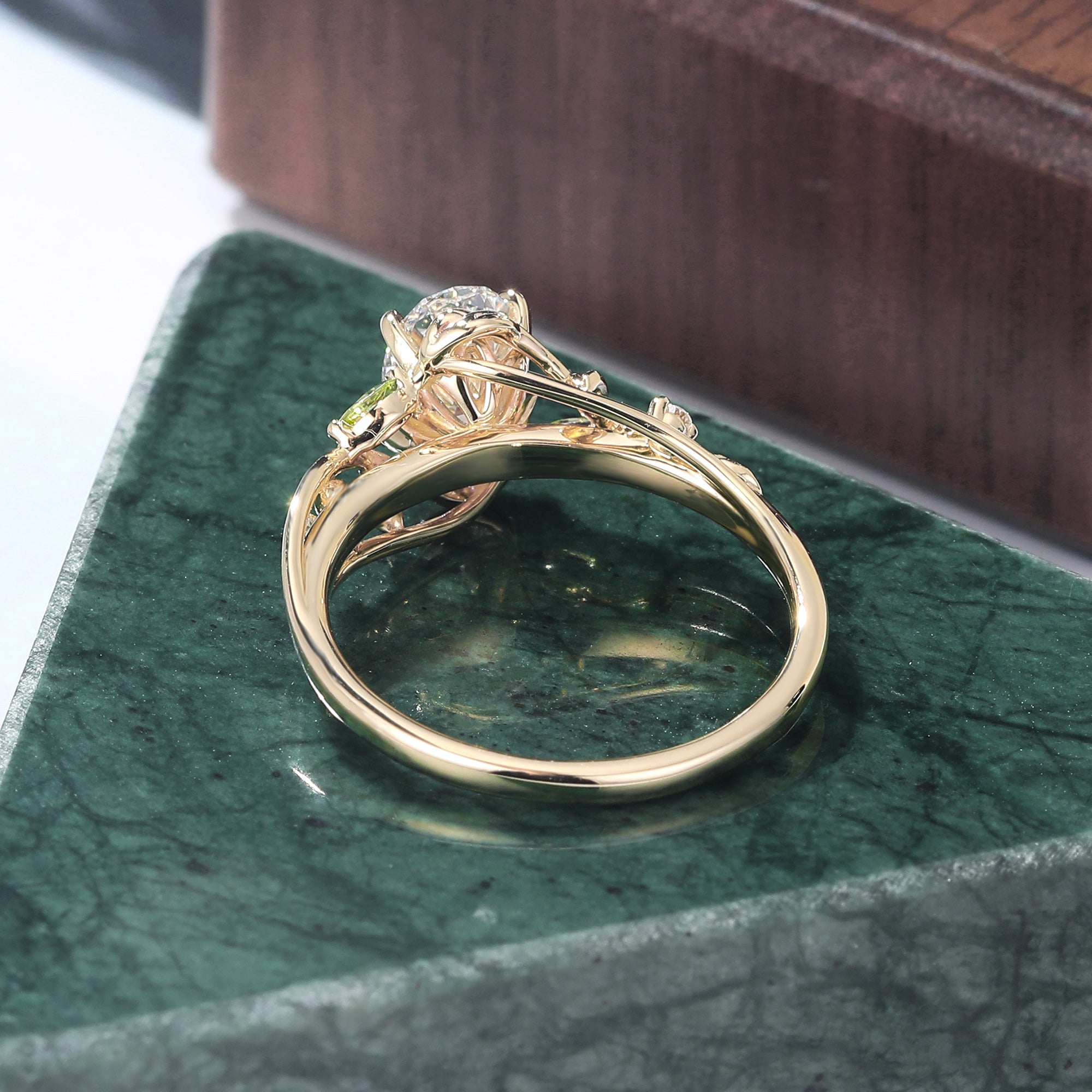 1.1ct Oval cut Lab grown diamond yellow gold engagement Ring.Unique Olivine bridal ring