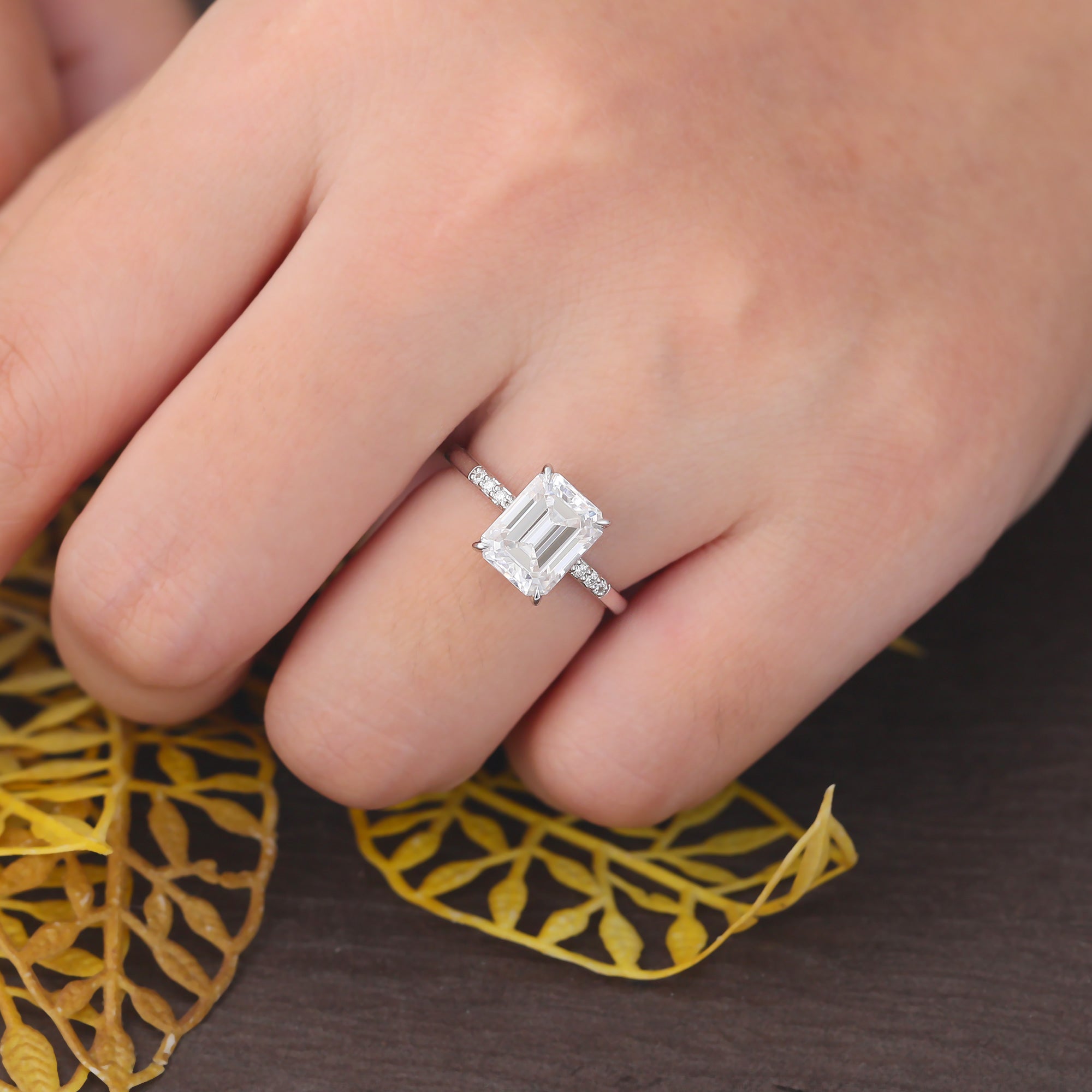 3.0ct Emerald cut Lab grown Diamond white gold engagement ring 10K/14k/18k gold , unique rose/yellow gold bridal ring .Anniversary Gift.
