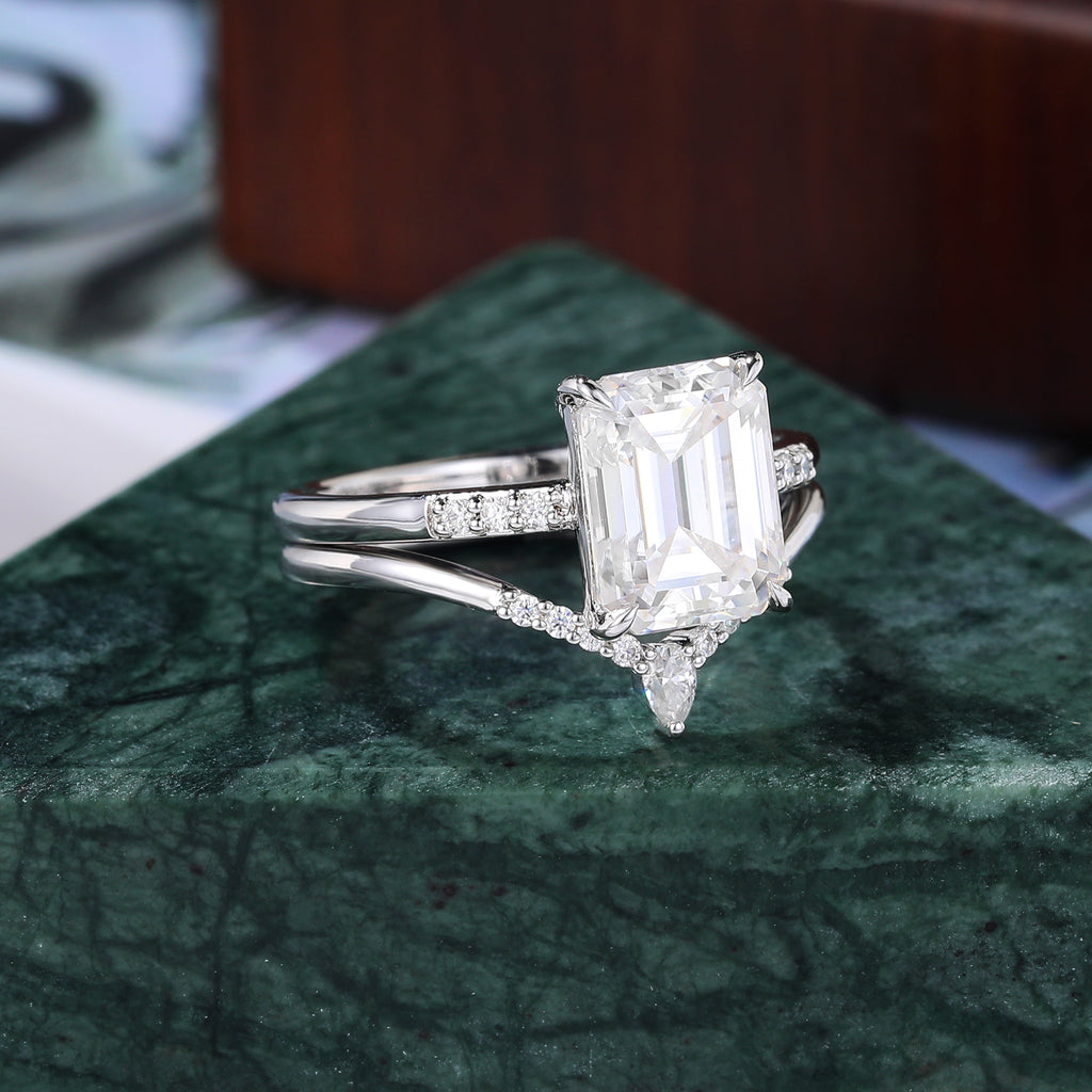 3.0ct Emerald cut Lab grown Diamond white gold Engagement Ring Set, Cluster  Rose/white/yellow Gold Bridal Wedding band Unique ring 10K/14K/18K