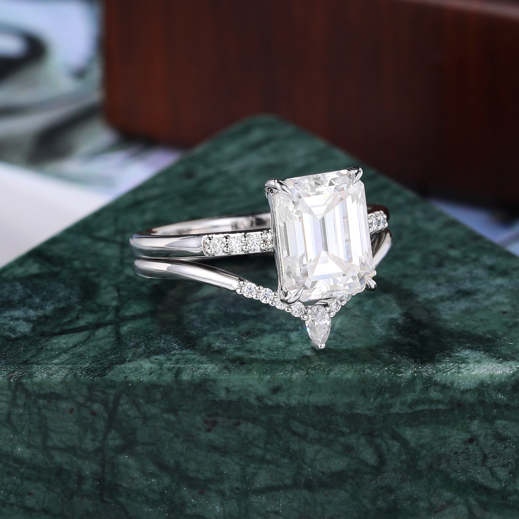 3.0ct Emerald cut Lab grown Diamond white gold Engagement Ring Set, Cluster  Rose/white/yellow Gold Bridal Wedding band Unique ring 10K/14K/18K