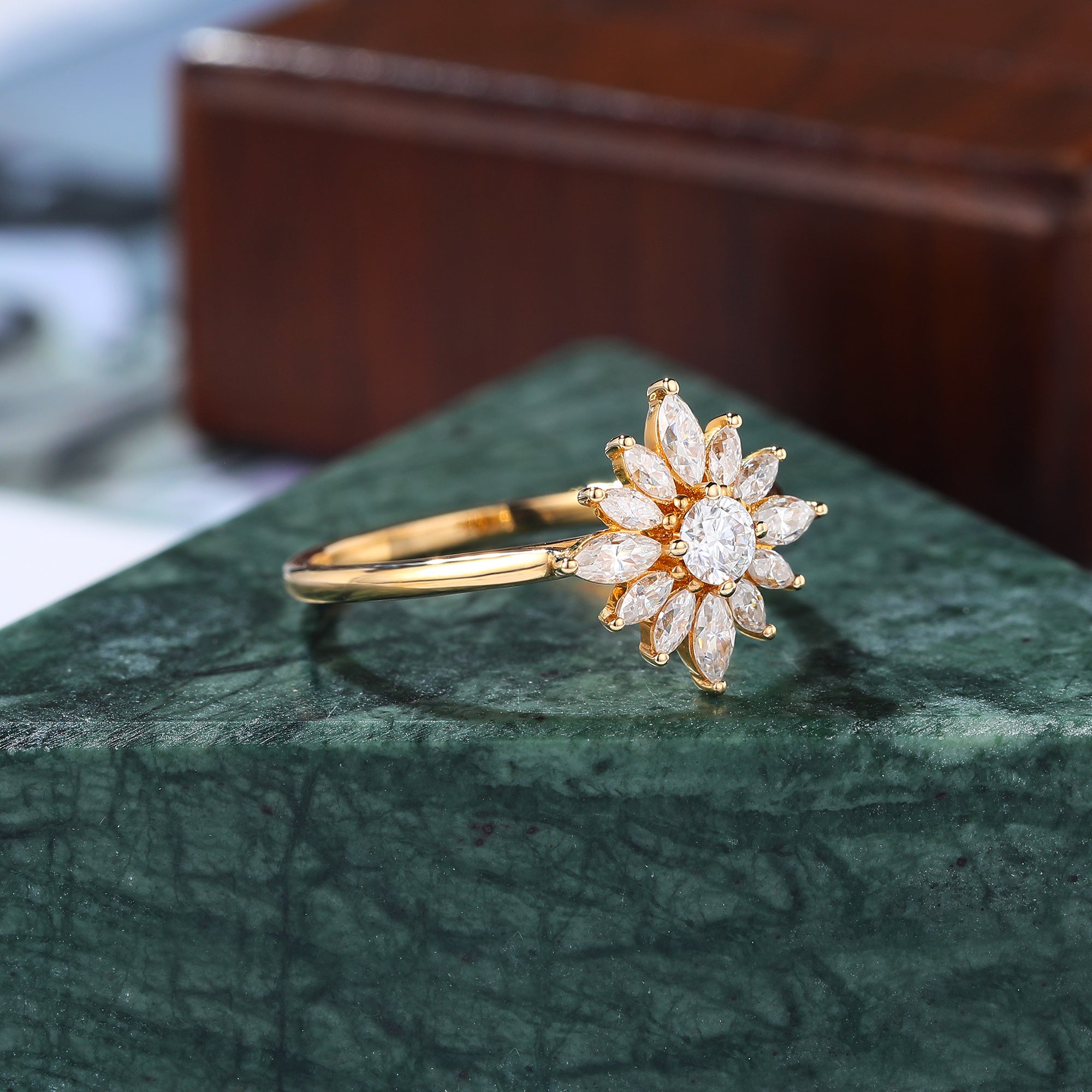 Round cut Lab grown diamond yellow gold engagement Ring. Unique Halo Ring