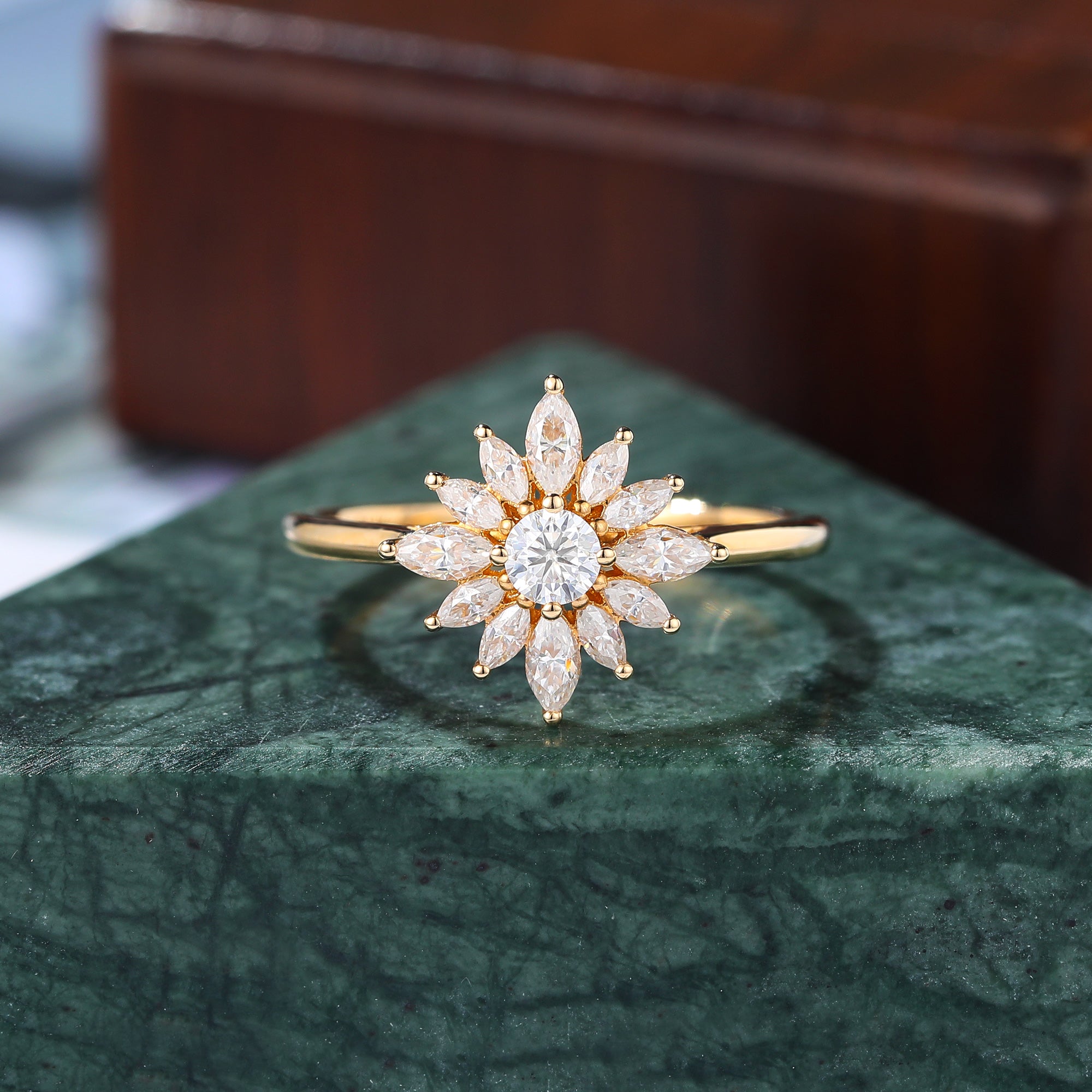 Round cut moissanite yellow gold engagement Ring. Unique Halo Ring