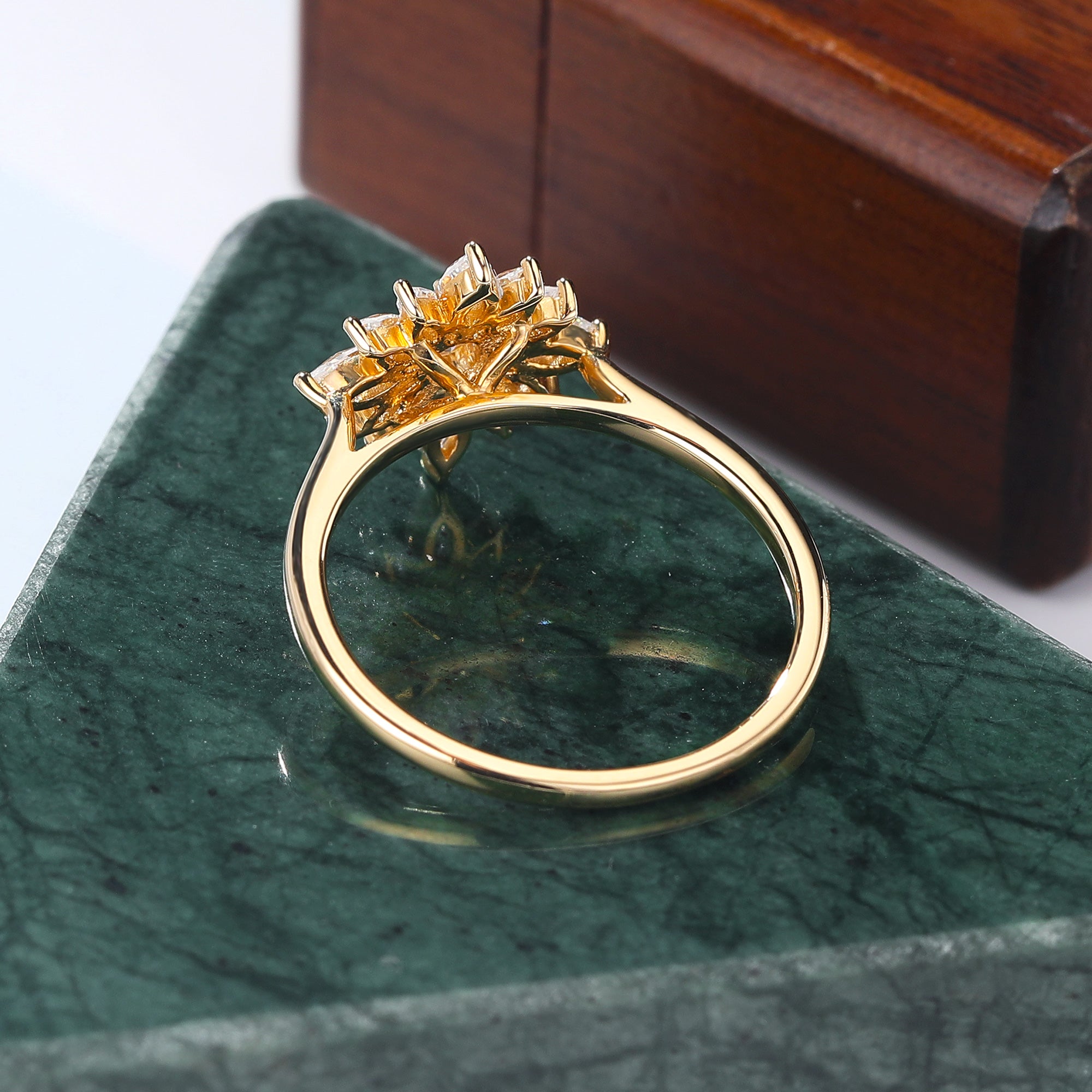 Round cut moissanite yellow gold engagement Ring. Unique Halo Ring