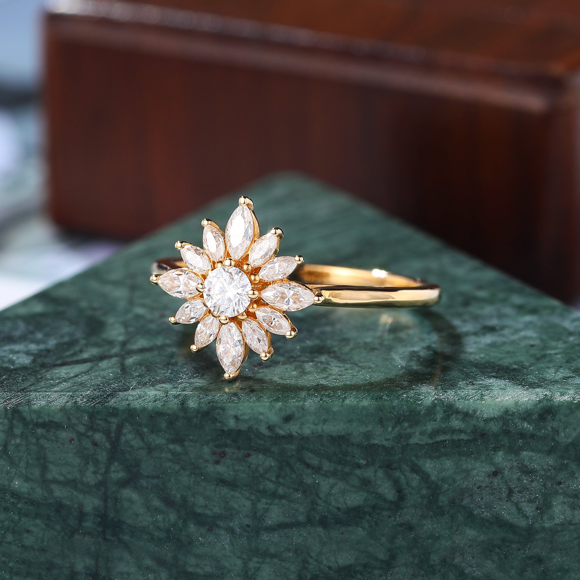 Round cut moissanite yellow gold engagement Ring. Unique Halo Ring