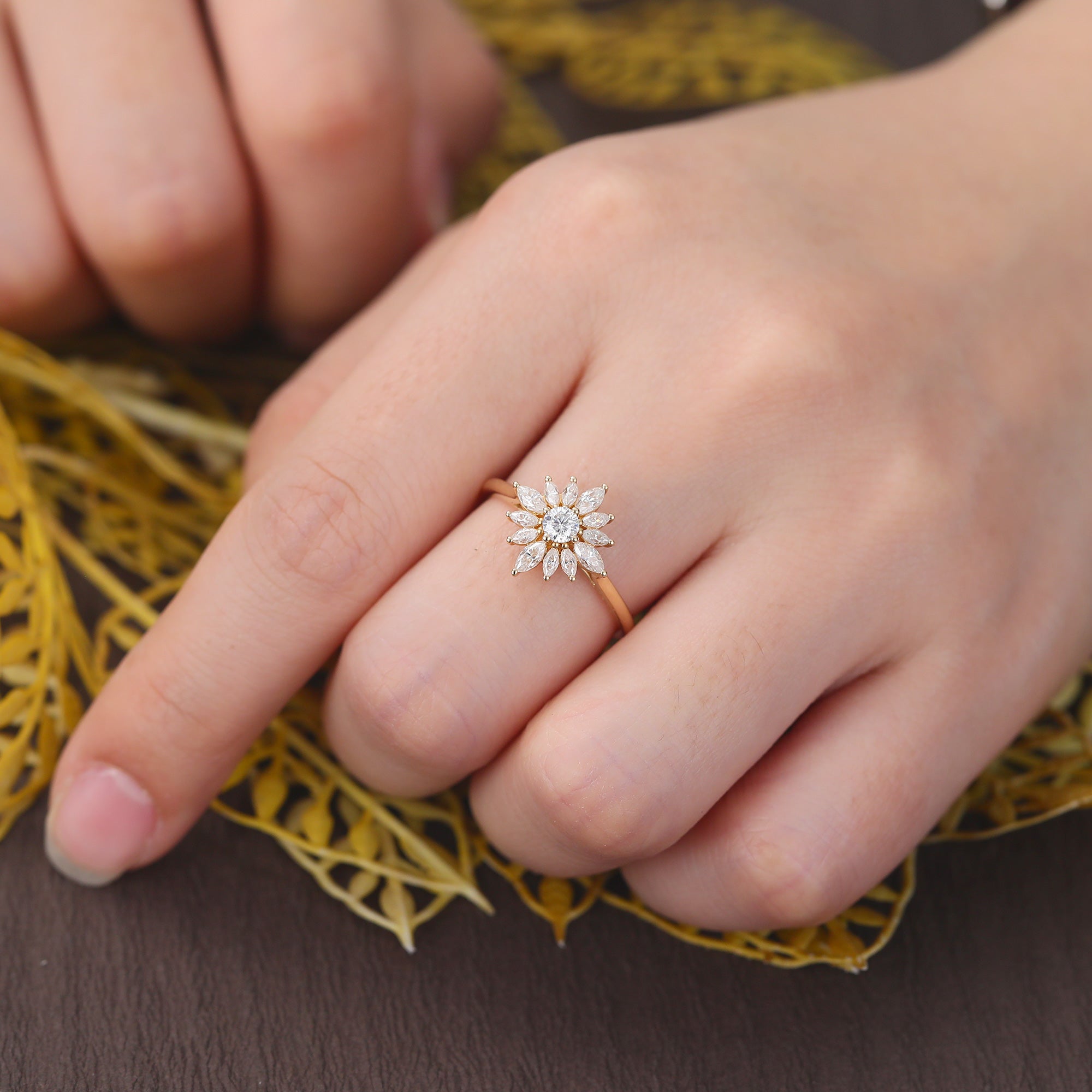 Round cut moissanite yellow gold engagement Ring. Unique Halo Ring