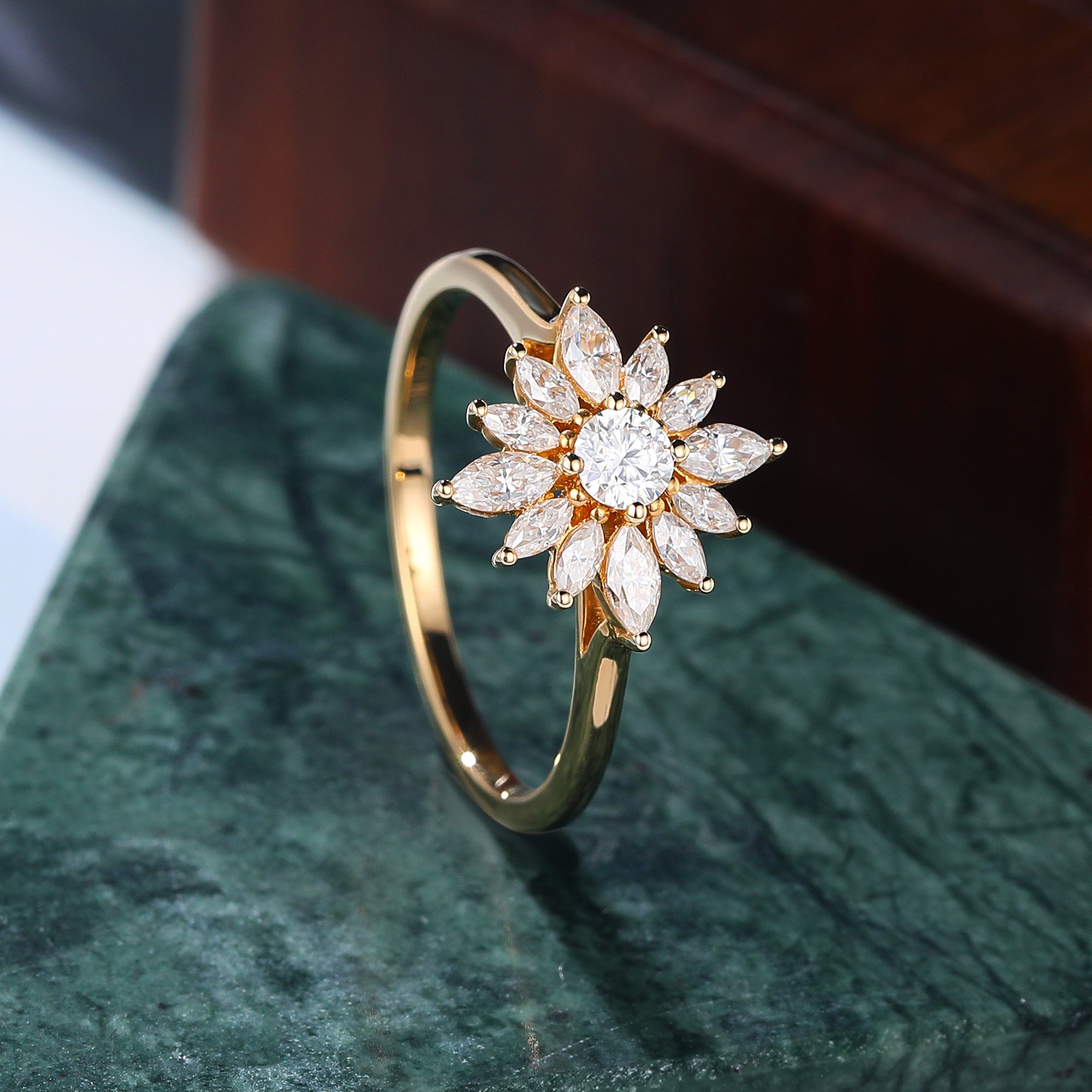 Round cut moissanite yellow gold engagement Ring. Unique Halo Ring